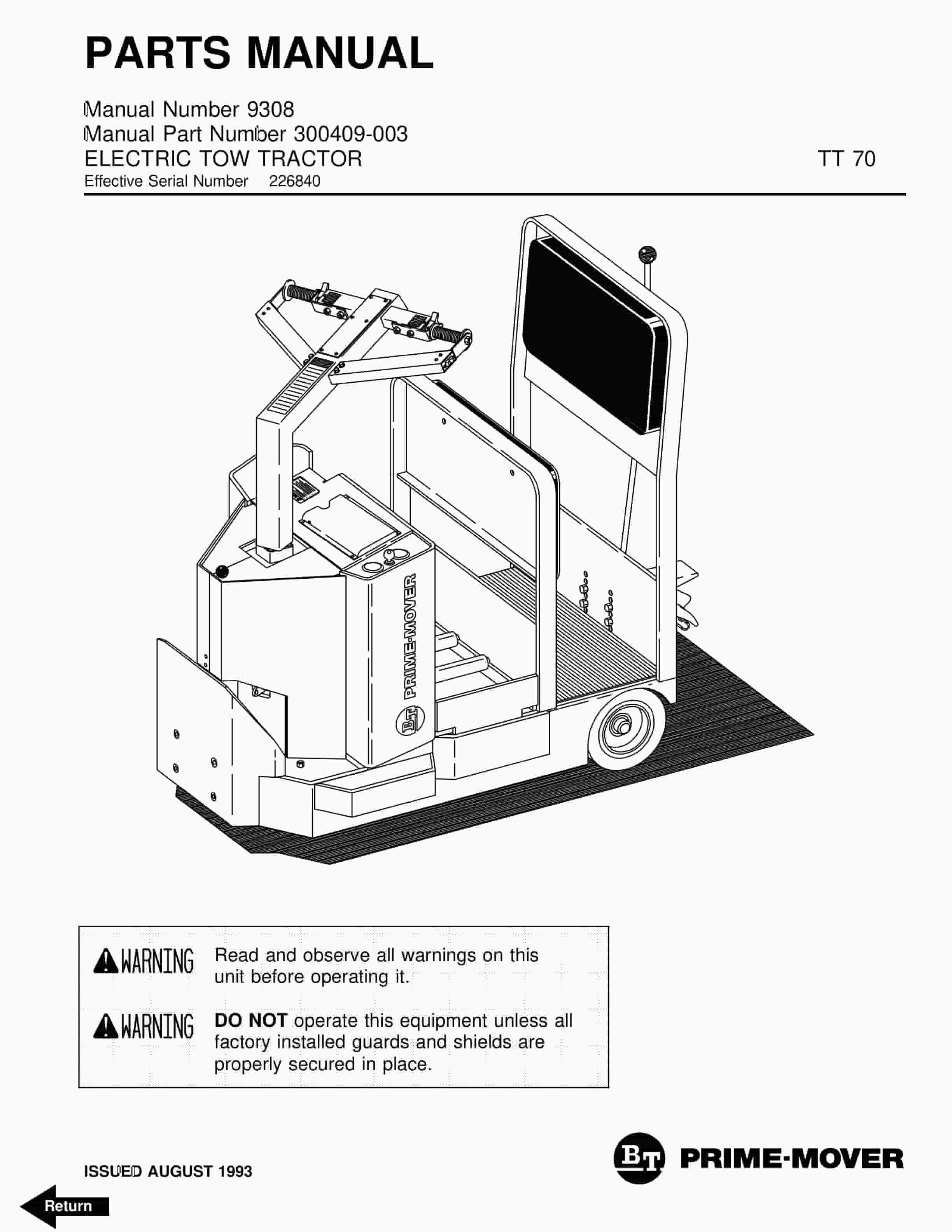 BT TT-70 Electric Tow Tractor Parts Manual 300409-003 1 BT TT-70 Electric Tow Tractor Parts Manual 300409-003