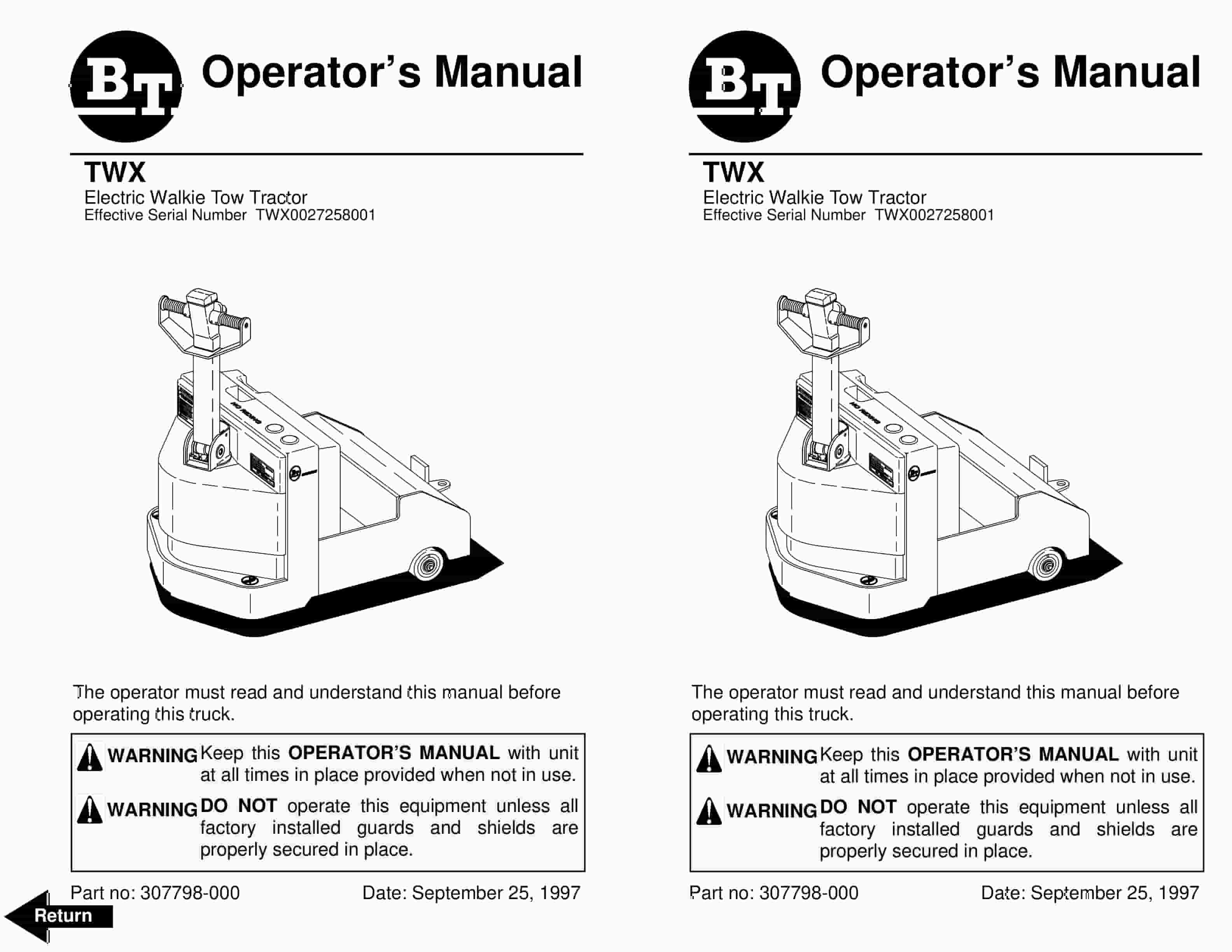 BT TWX Electric Walkie Tow Tractor Operator Manual 307798-000