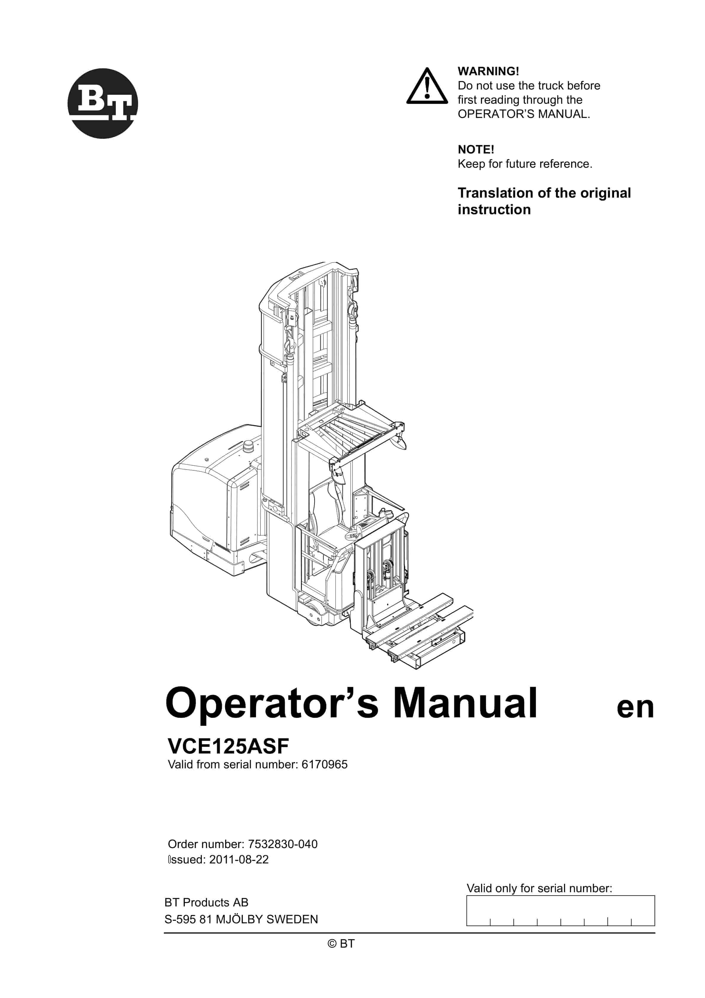BT VCE125ASF Operator Manual 7532803-040