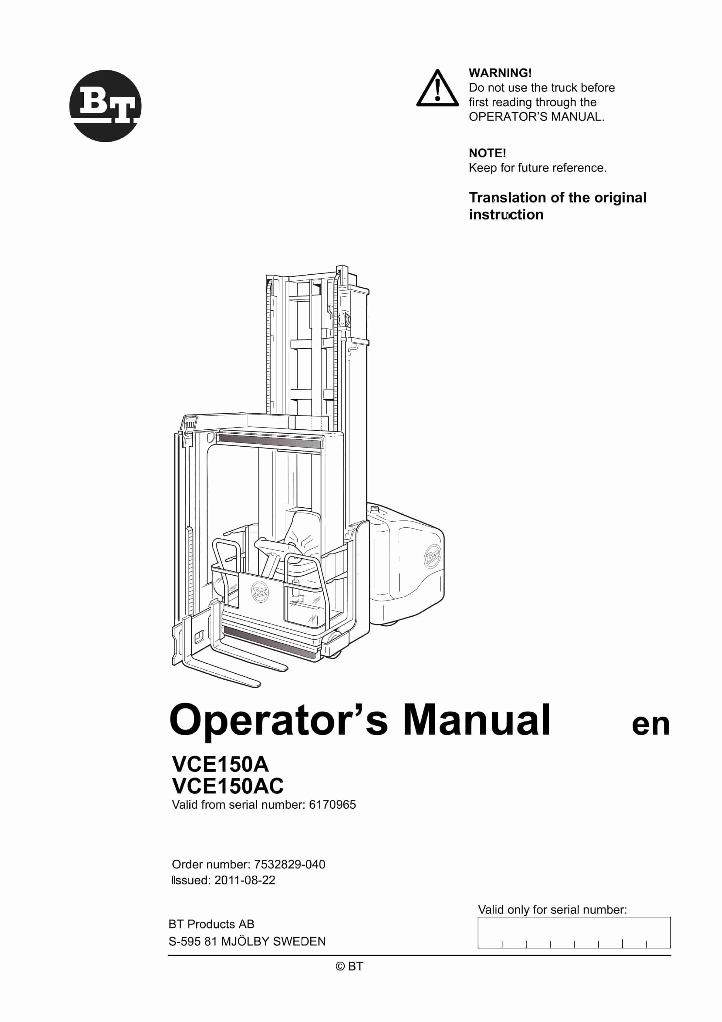 BT VCE150A, VCE150AC Operator Manual 7532829-040
