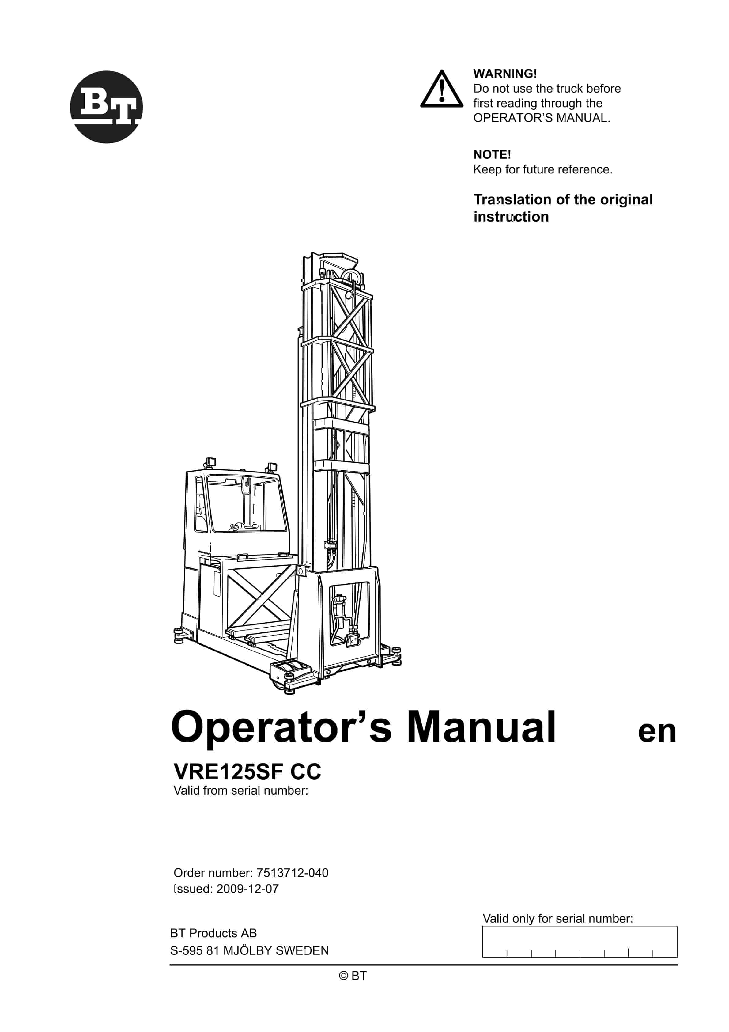 BT VRE125SF CC Operator Manual 7513712-040