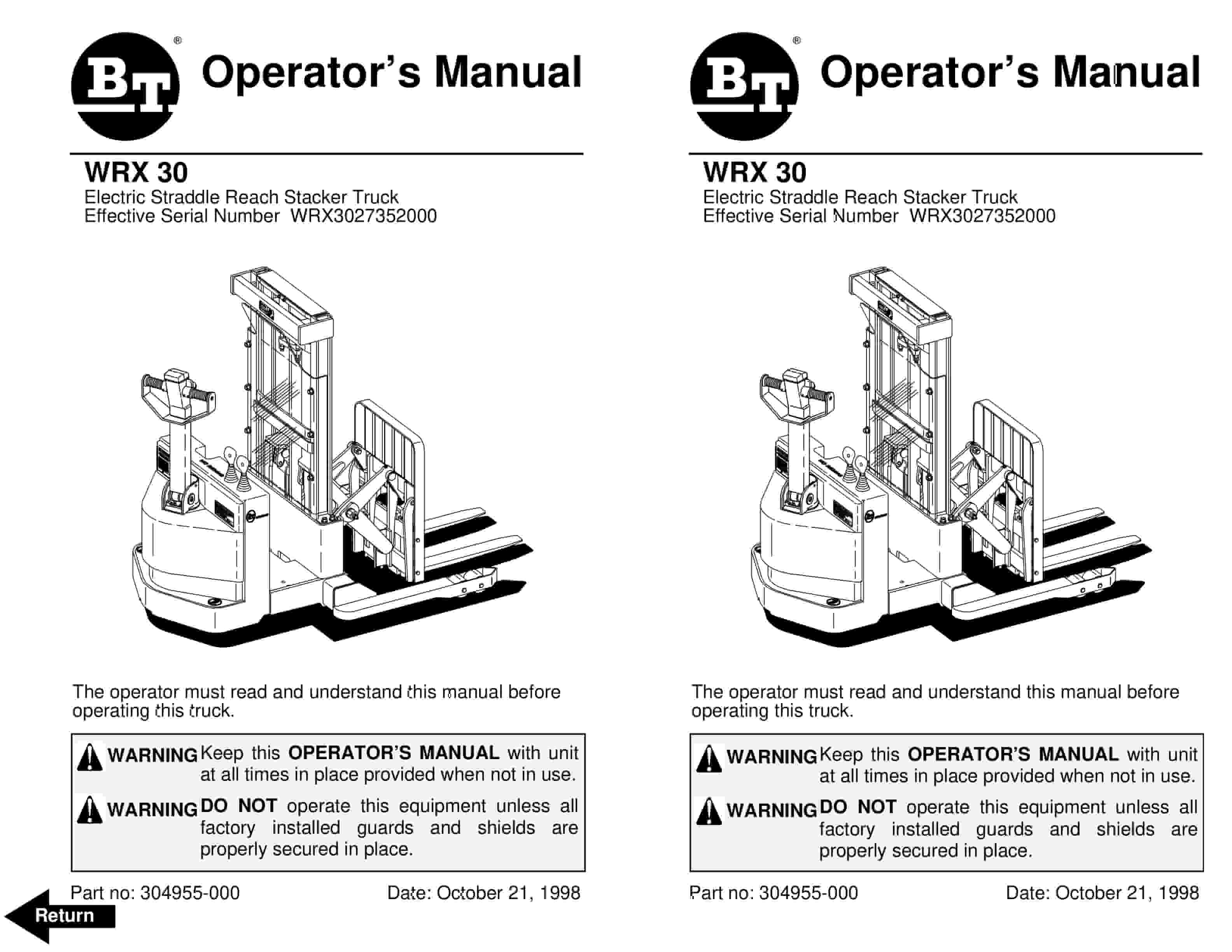 BT WRX-30 Electric Straddle Reach Stacker Truck Operator Manual 304955-000