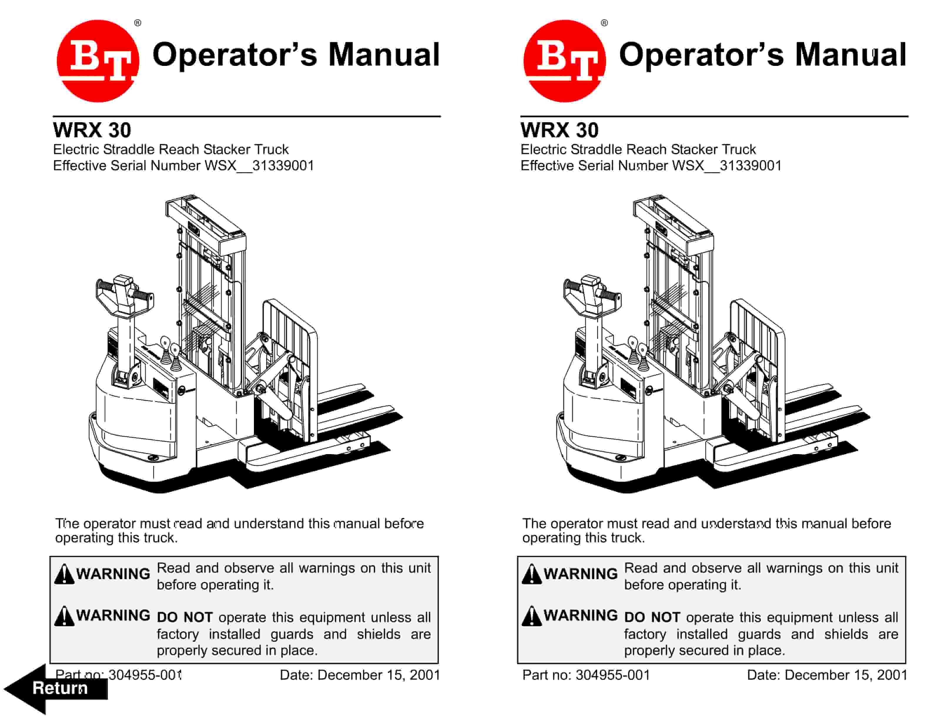 BT WRX-30 Electric Straddle Reach Stacker Truck Operator Manual 304955-001