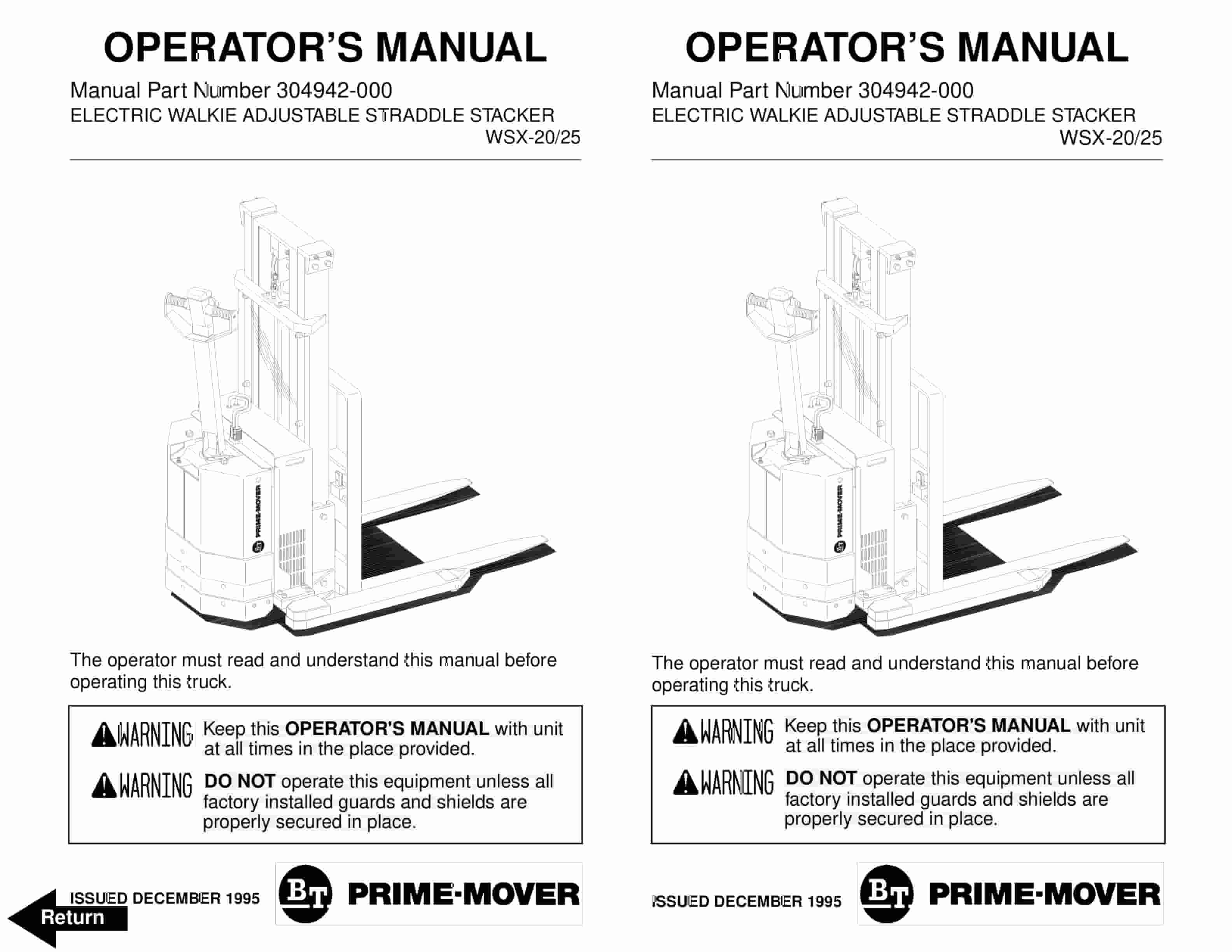 BT WSX-20, WSX-25 Electric Walkie Adjustable Straddle Stacker Operator Manual 304942-000