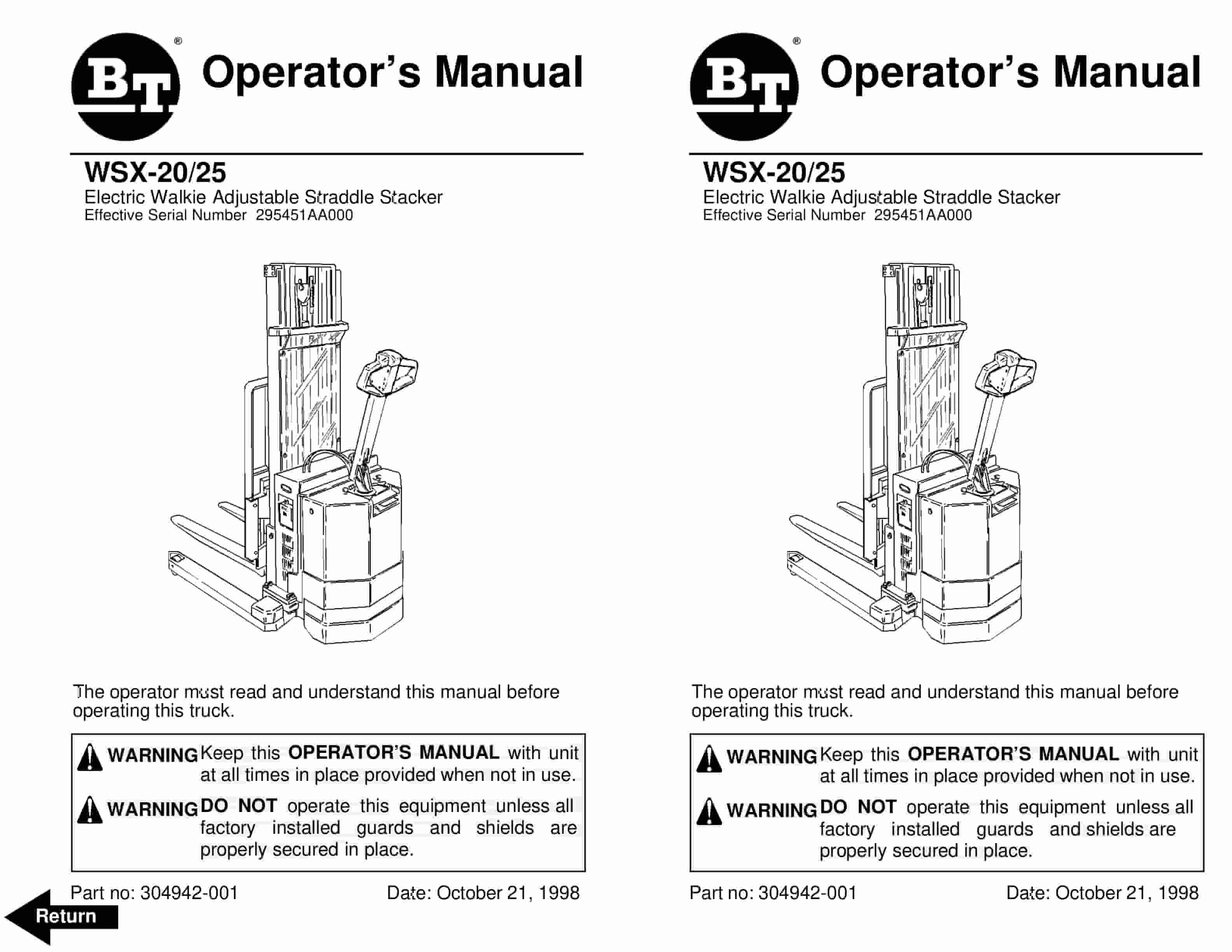 BT WSX-20, WSX-25 Electric Walkie Adjustable Straddle Stacker Operator Manual 304942-001