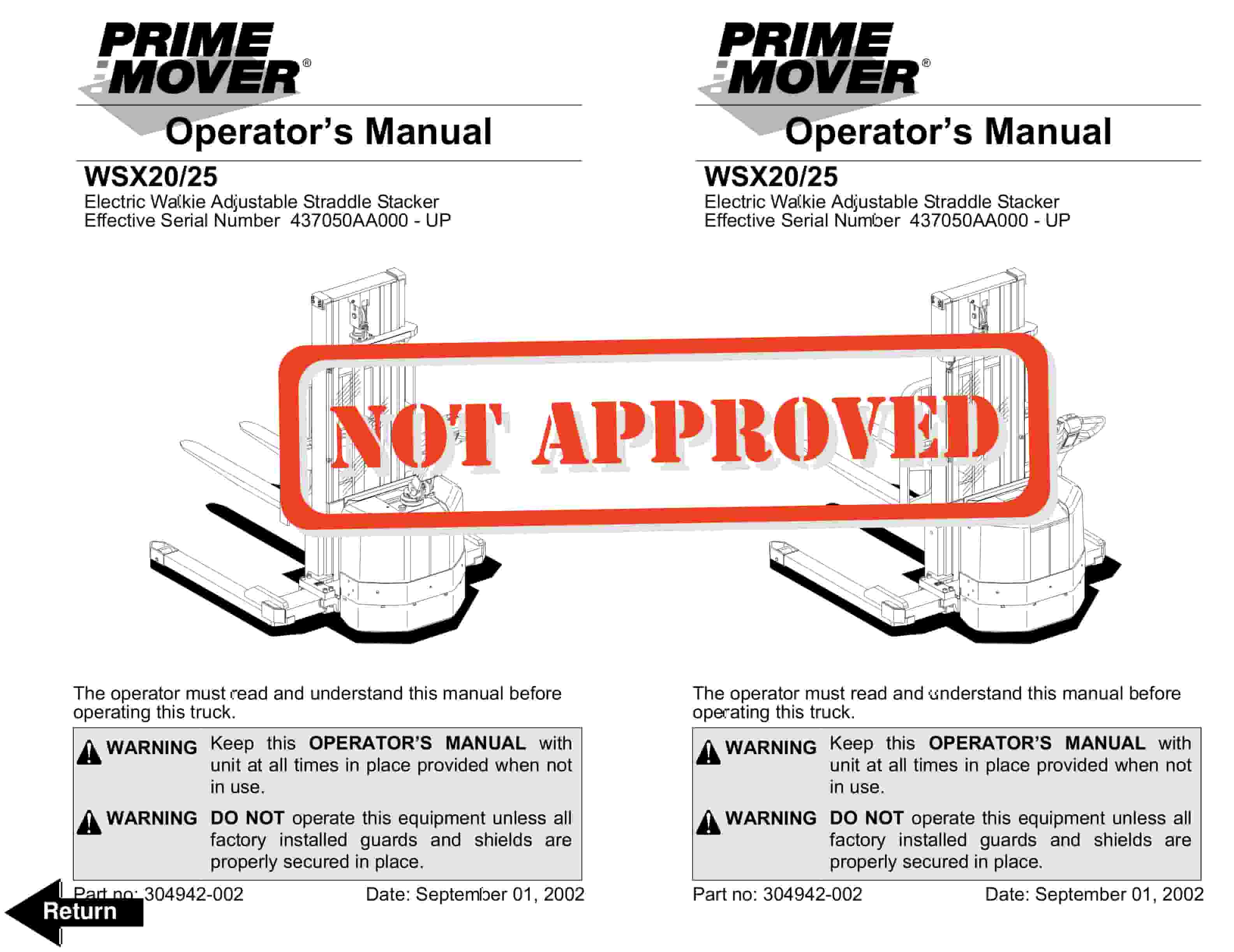 BT WSX-20, WSX-25 Electric Walkie Adjustable Straddle Stacker Operator Manual 304942-002