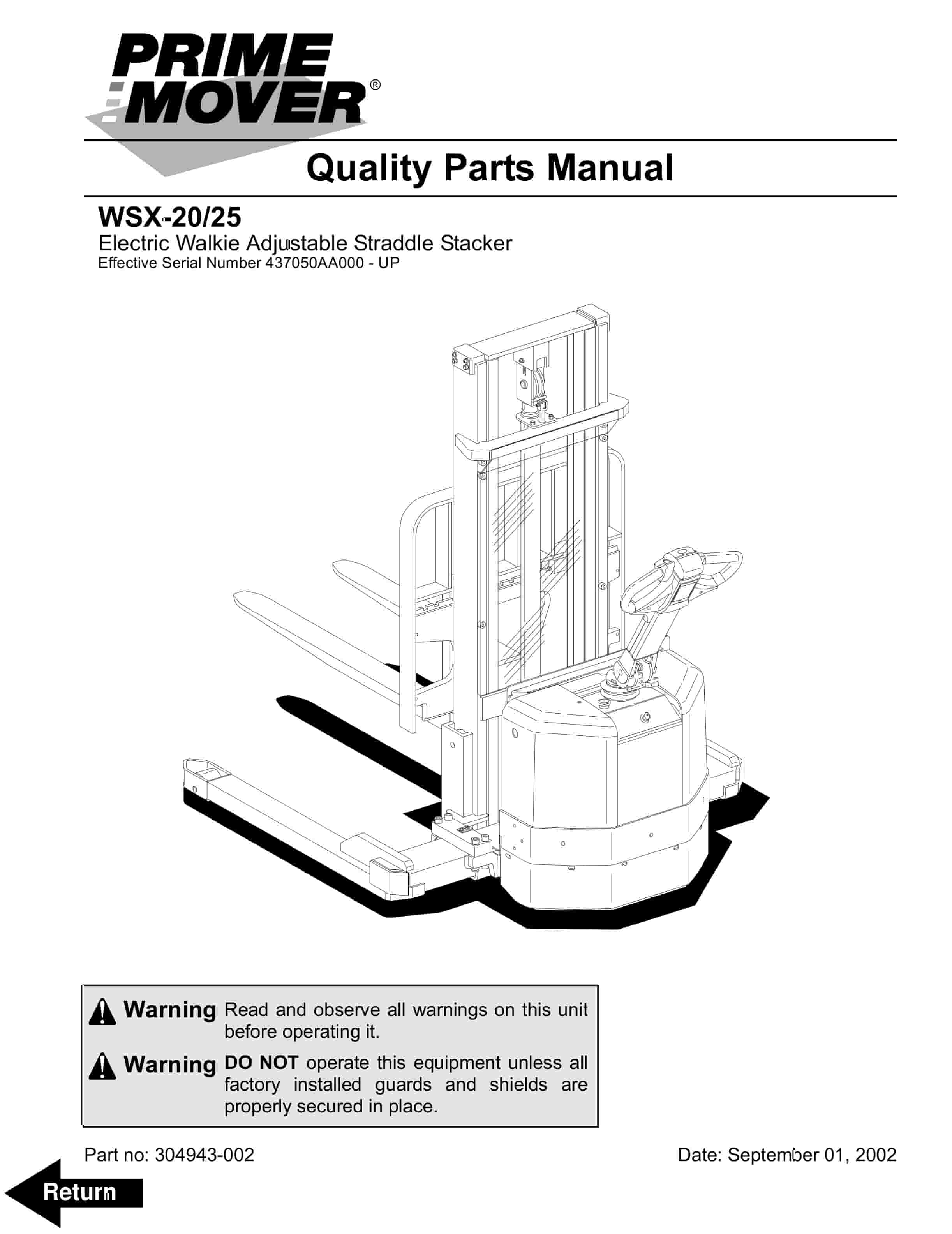 BT WSX-20, WSX-25 Electric Walkie Adjustable Straddle Stacker Parts Manual 304943-002 1 BT WSX-20, WSX-25 Electric Walkie Adjustable Straddle Stacker Parts Manual 304943-002