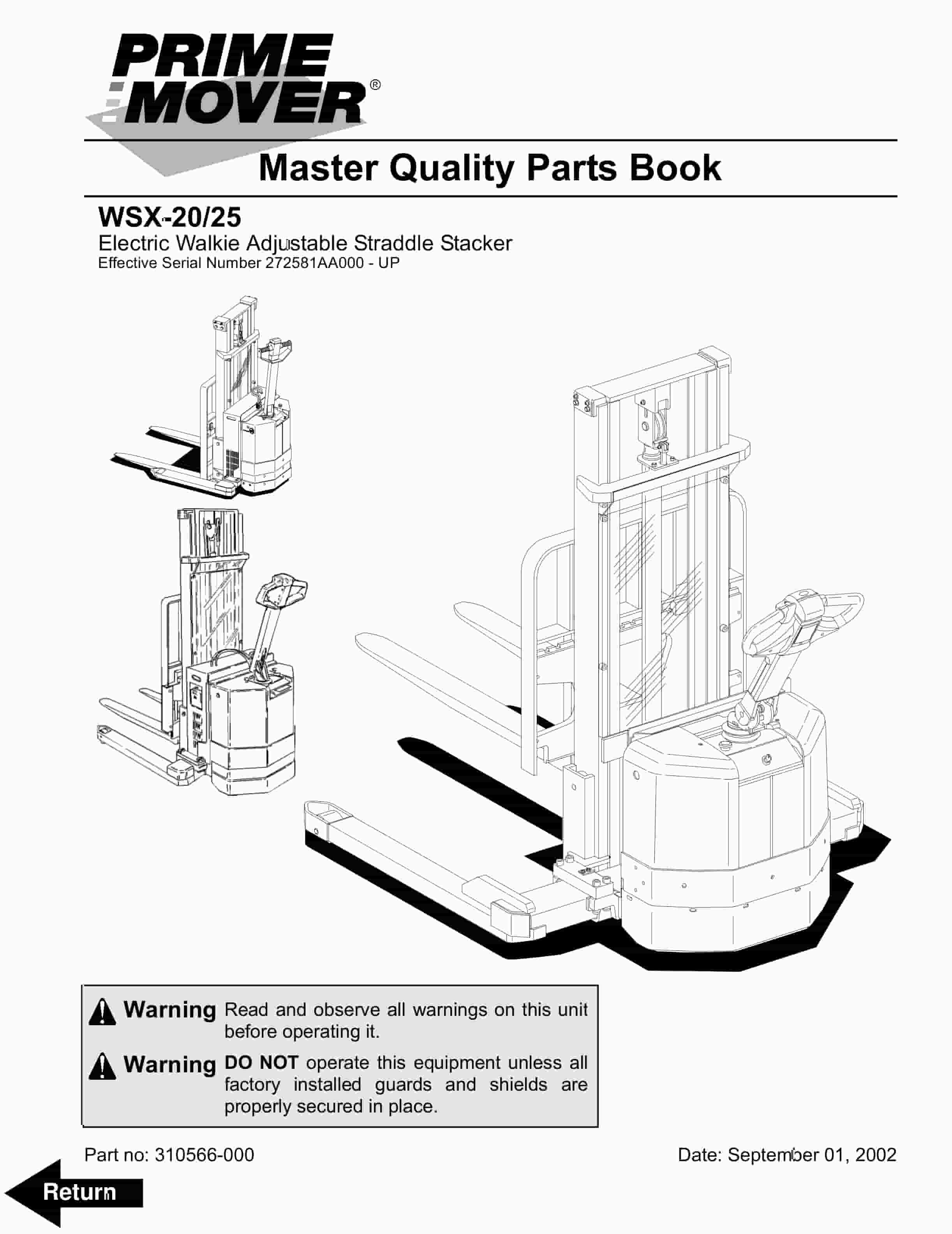 BT WSX-20, WSX-25 Electric Walkie Adjustable Straddle Stacker Parts Manual 310566-000 1 BT WSX-20, WSX-25 Electric Walkie Adjustable Straddle Stacker Parts Manual 310566-000