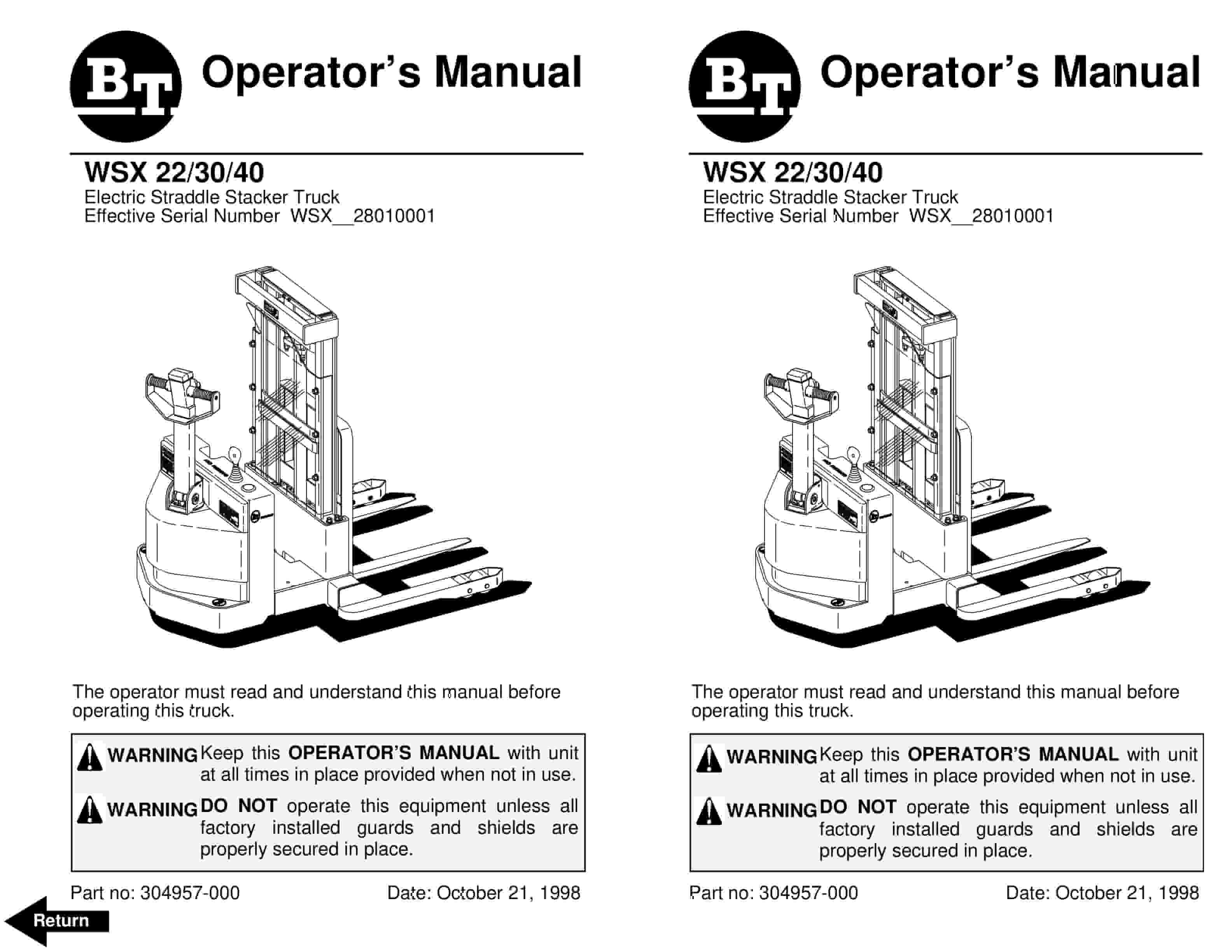 BT WSX-22, WSX-30, WSX-40 Electric Straddle Stacker Truck Operator Manual 304957-000