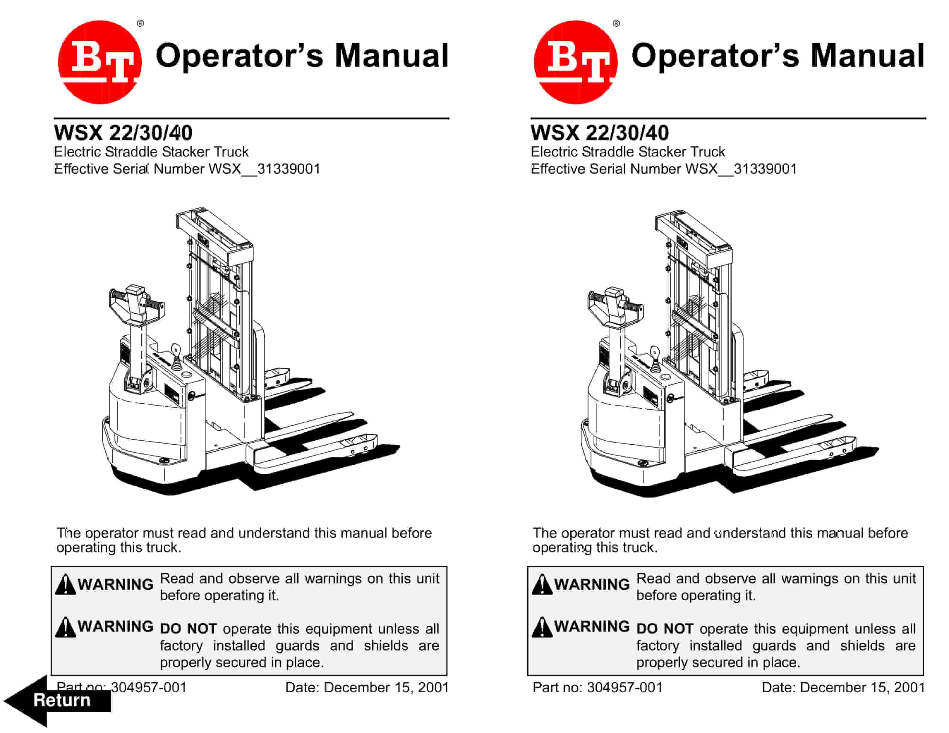 BT WSX-22, WSX-30, WSX-40 Electric Straddle Stacker Truck Operator Manual 304957-001