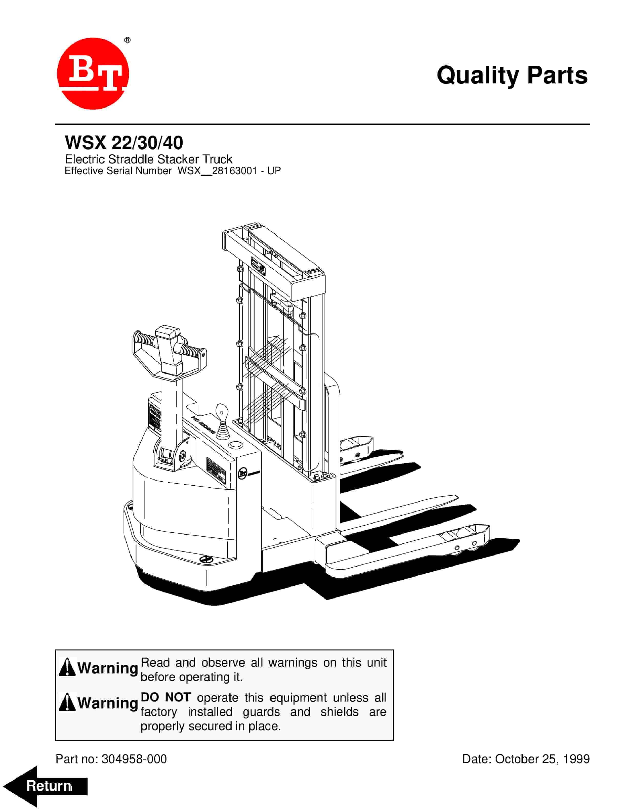 BT WSX-22, WSX-30, WSX-40 Electric Straddle Stacker Truck Parts Manual 304958-000