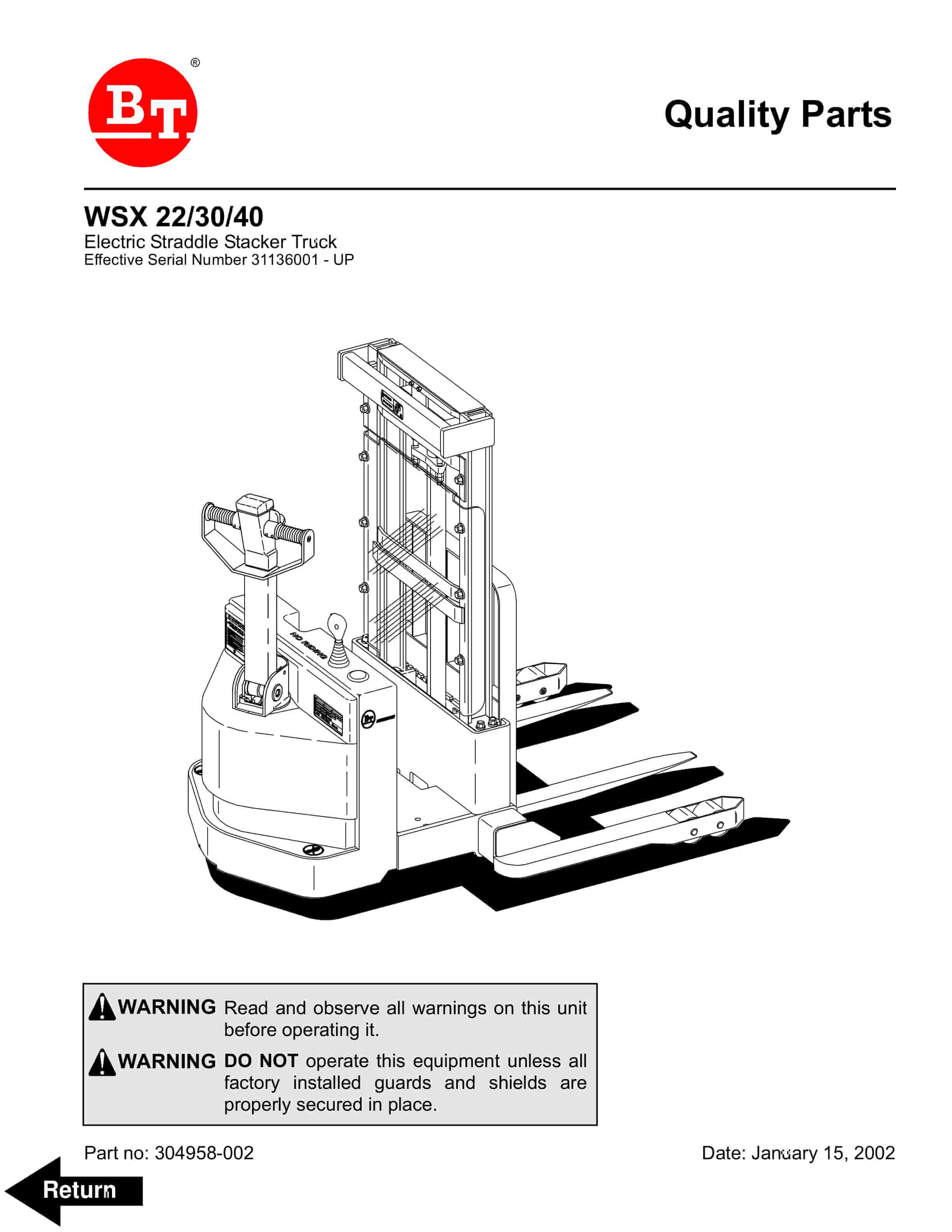 BT WSX-22, WSX-30, WSX-40 Electric Straddle Stacker Truck Parts Manual 304958-002