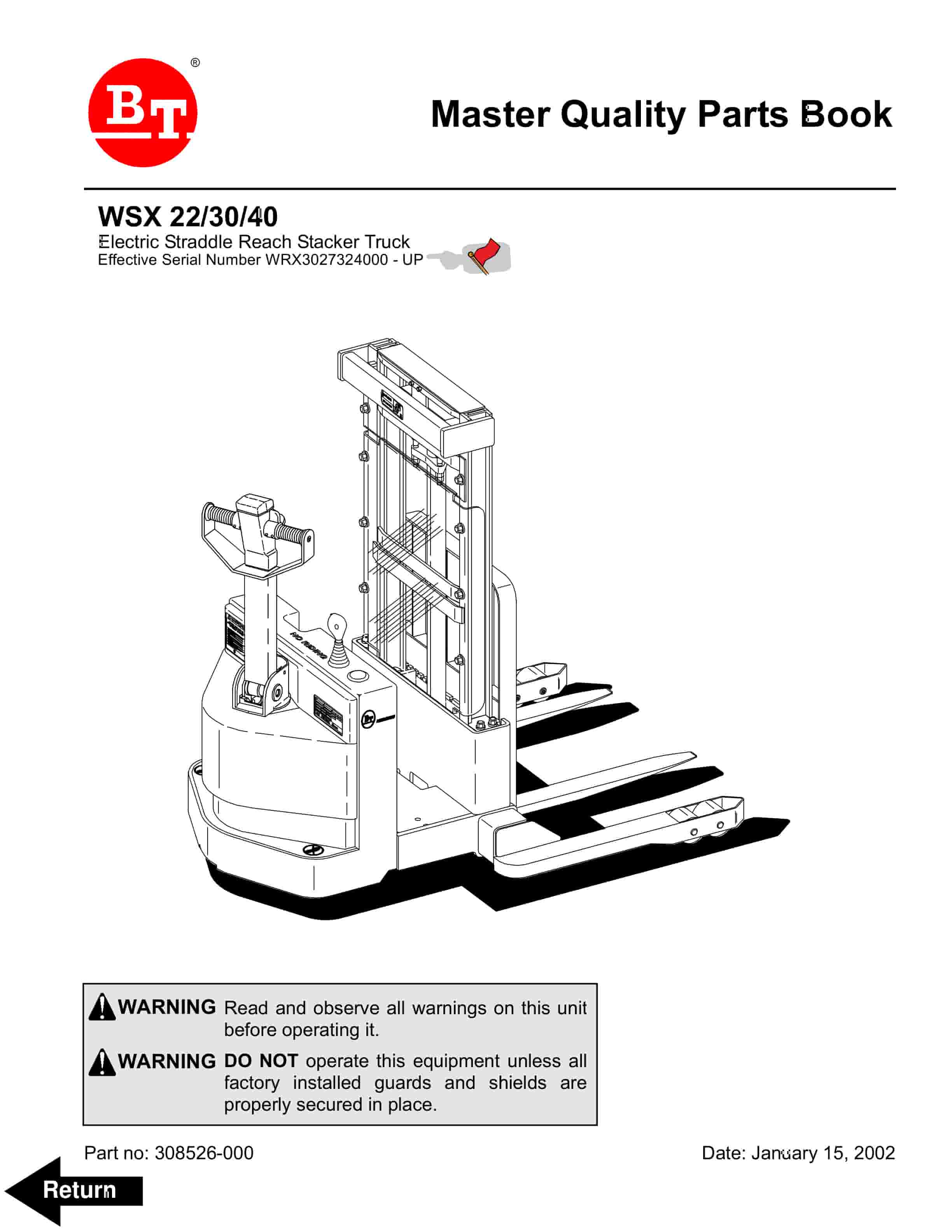 BT WSX-22, WSX-30, WSX-40 Electric Straddle Stacker Truck Parts Manual 308526-000