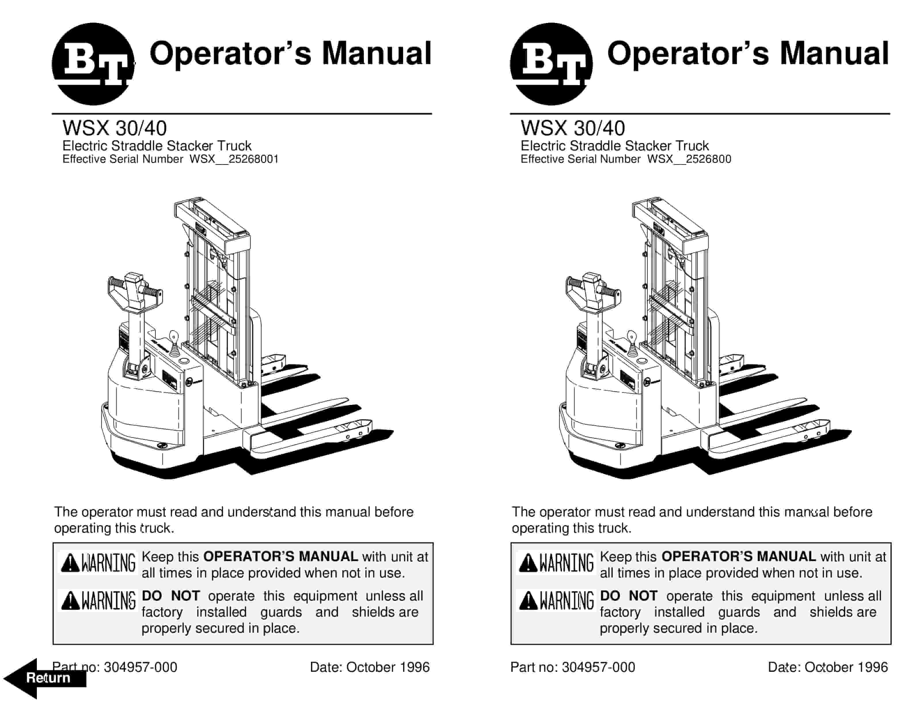 BT WSX-30, WSX-40 Electric Straddle Stacker Truck Operator Manual 304957-000