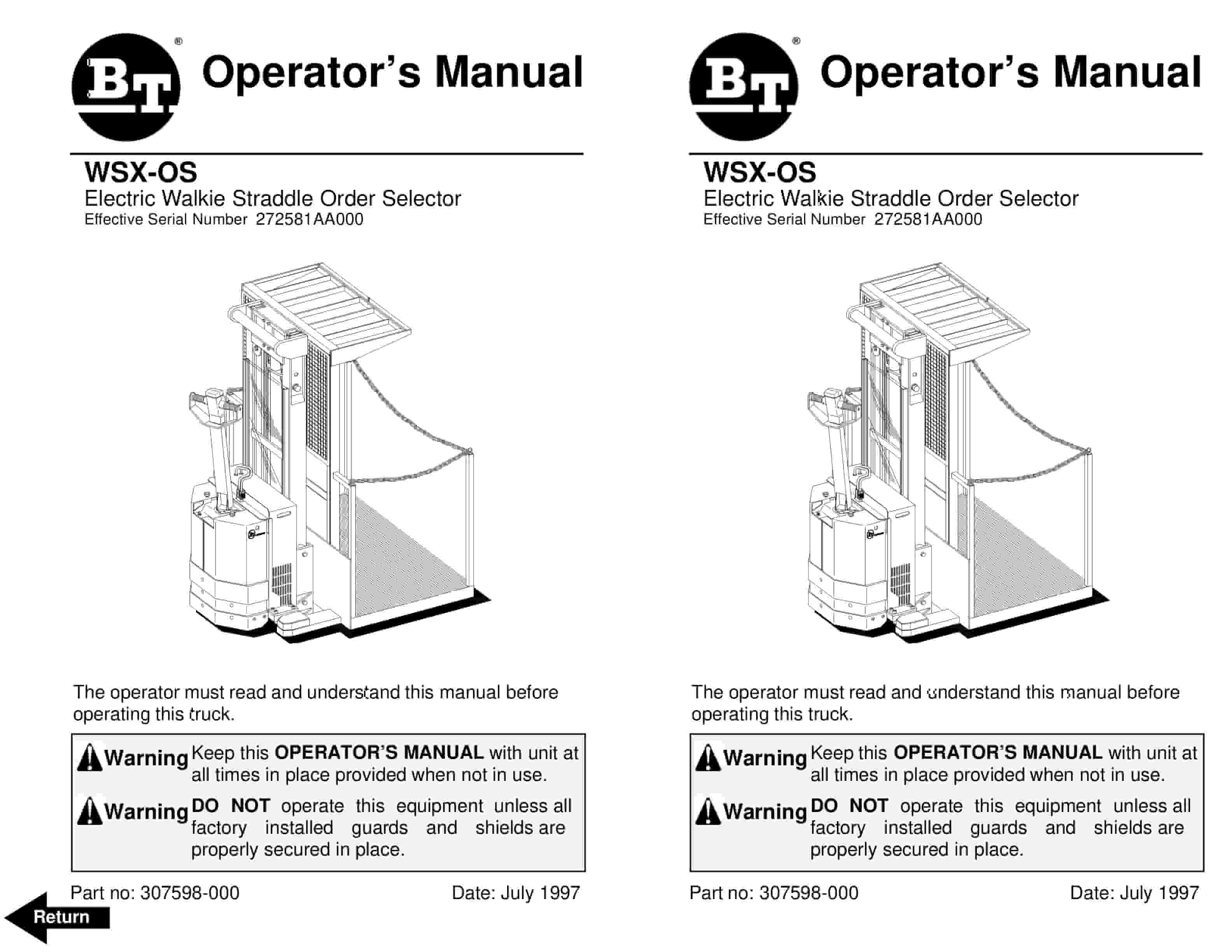 BT WSX-OS Electric Walkie Straddle Order Selector Operator Manual 307598-000