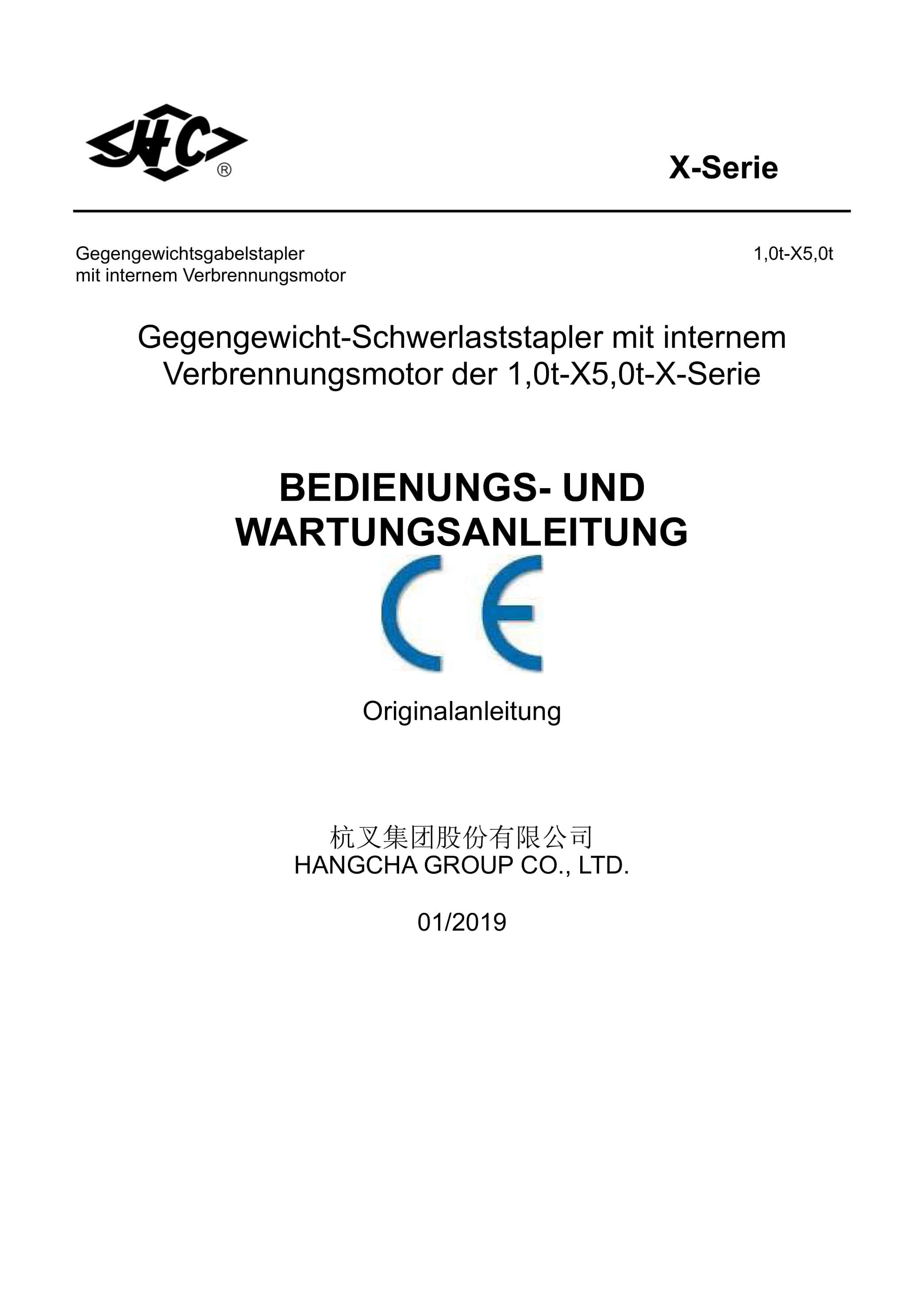 Hangcha 1.0-x5t Forklift Truck Operation Parts Catalog DE