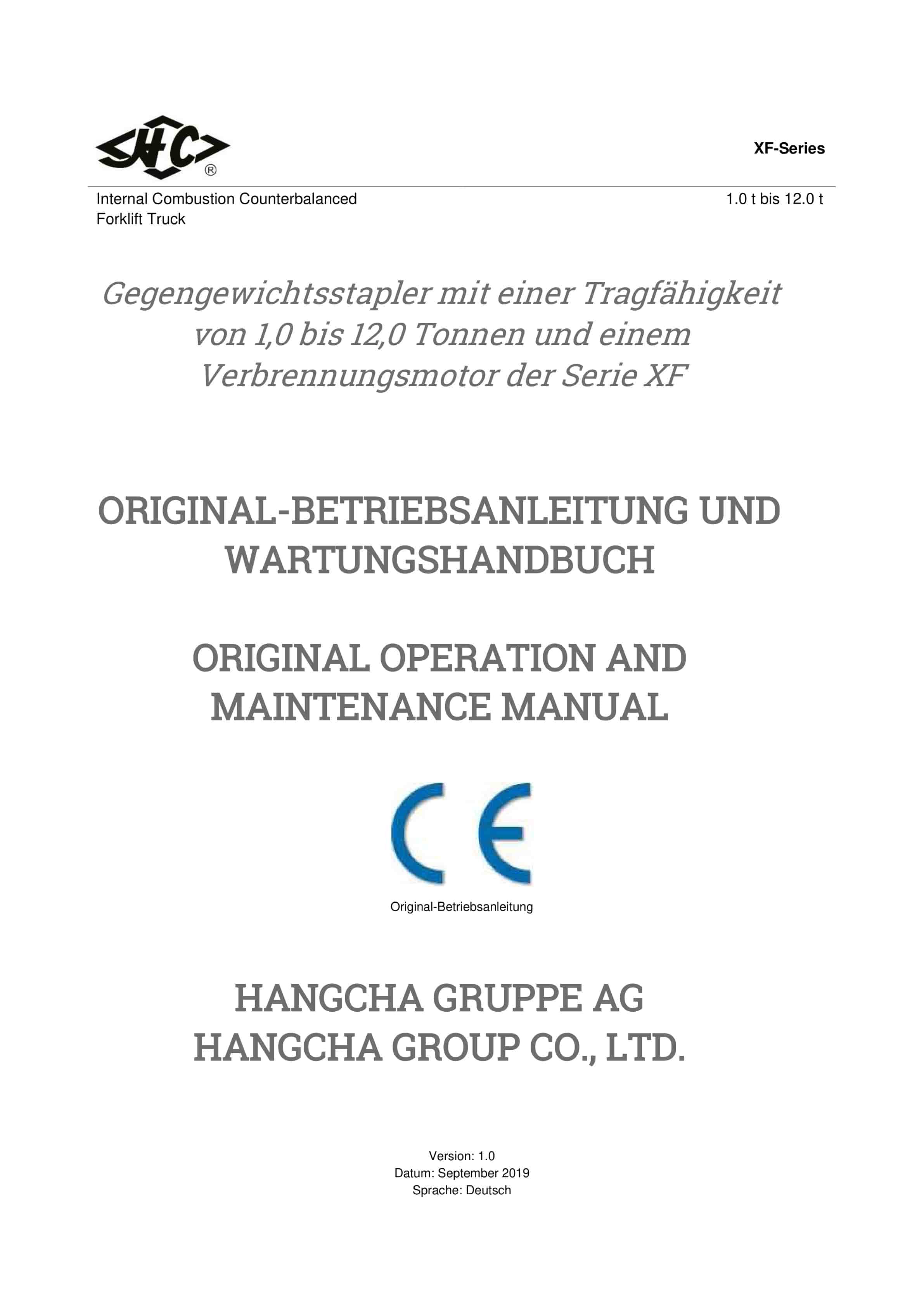 Hangcha 1.0t-12.0t Internal Combustion Counterbalanced Forklift Truck Operation and Maintenance Manual DE