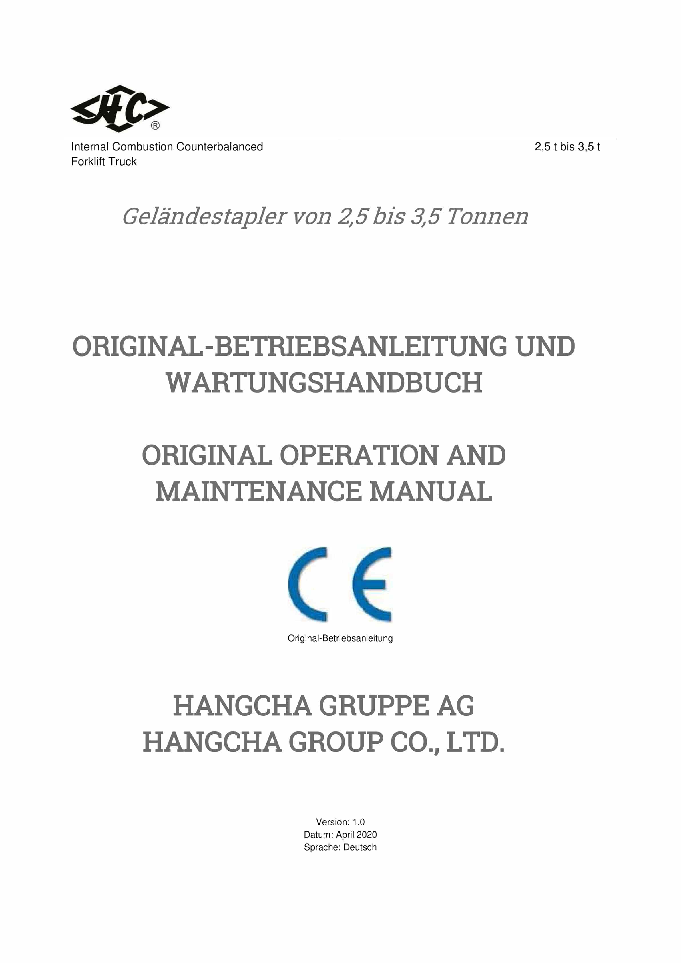 Hangcha 2.5t-3.5t Internal Combustion Counterbalanced Forklift Truck Operation and Maintenance Manual DE