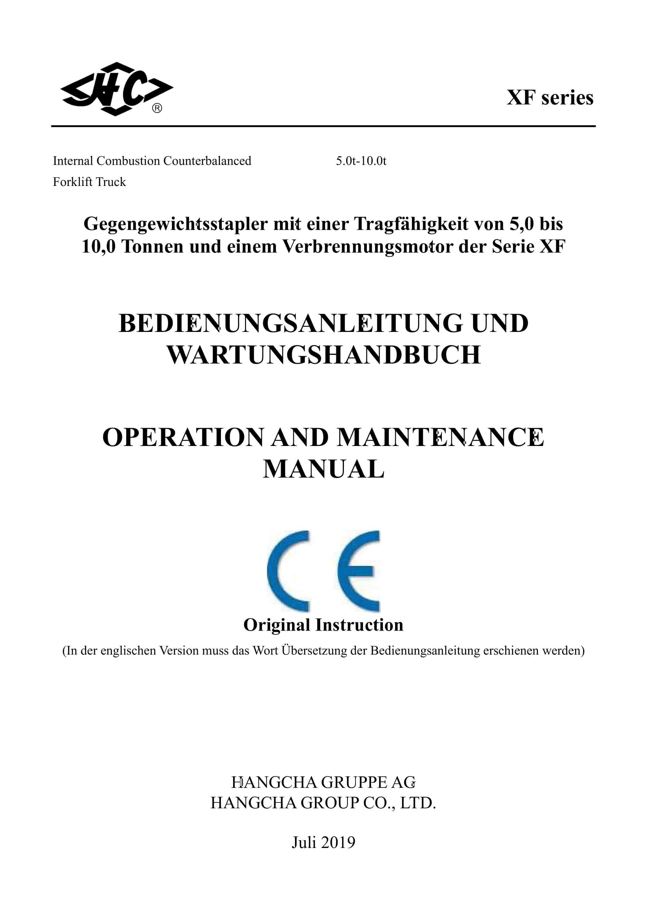 Hangcha 5t-10t Internal Combustion Counterbalanced Forklift Truck Operation and Maintenance Manual DE