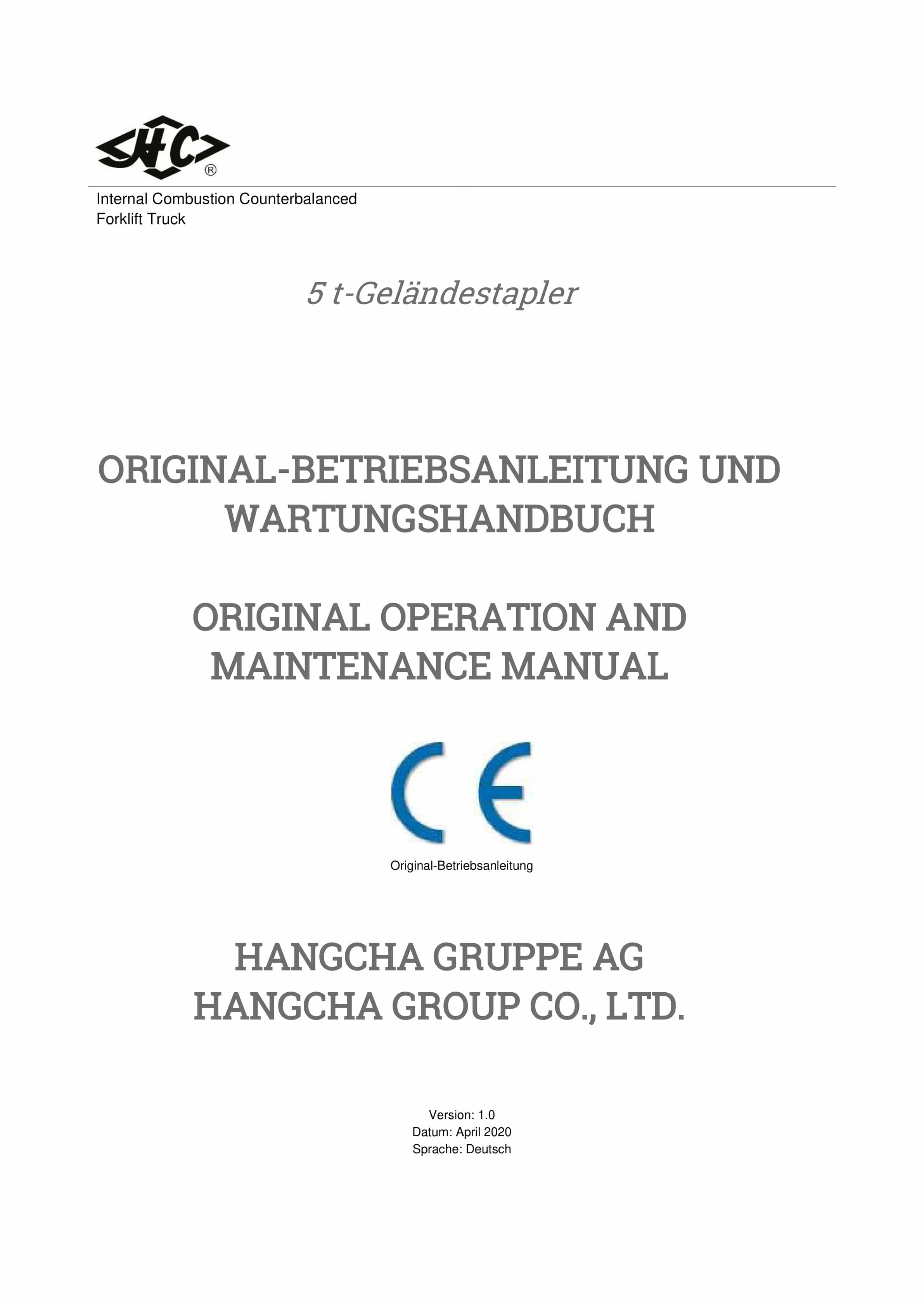 Hangcha 5t Internal Combustion Counterbalanced Forklift Truck Operation and Maintenance Manual DE