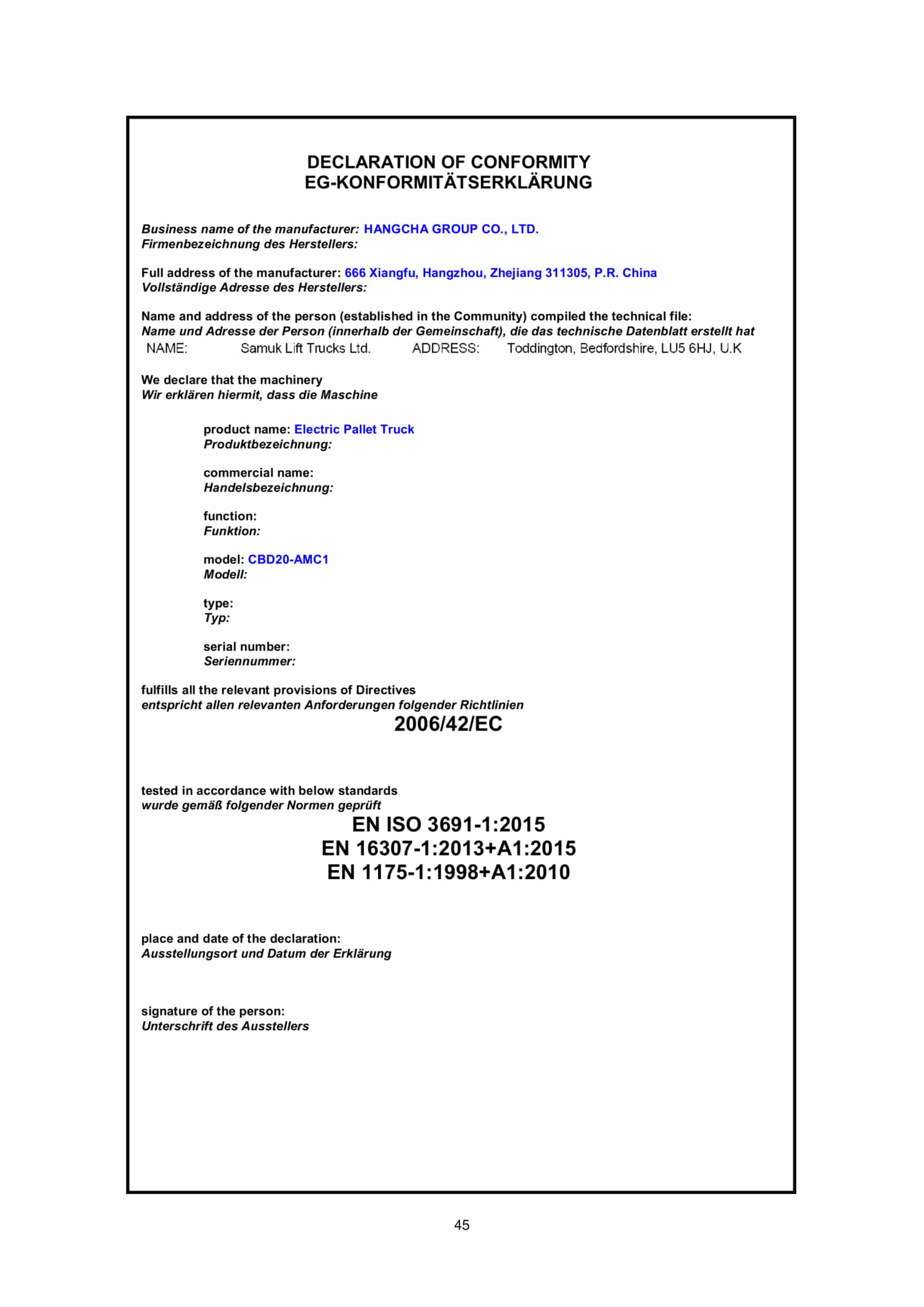 Hangcha CBD20-AMC1 Electric Pallet Truck Operation and Maintenance Manual-3