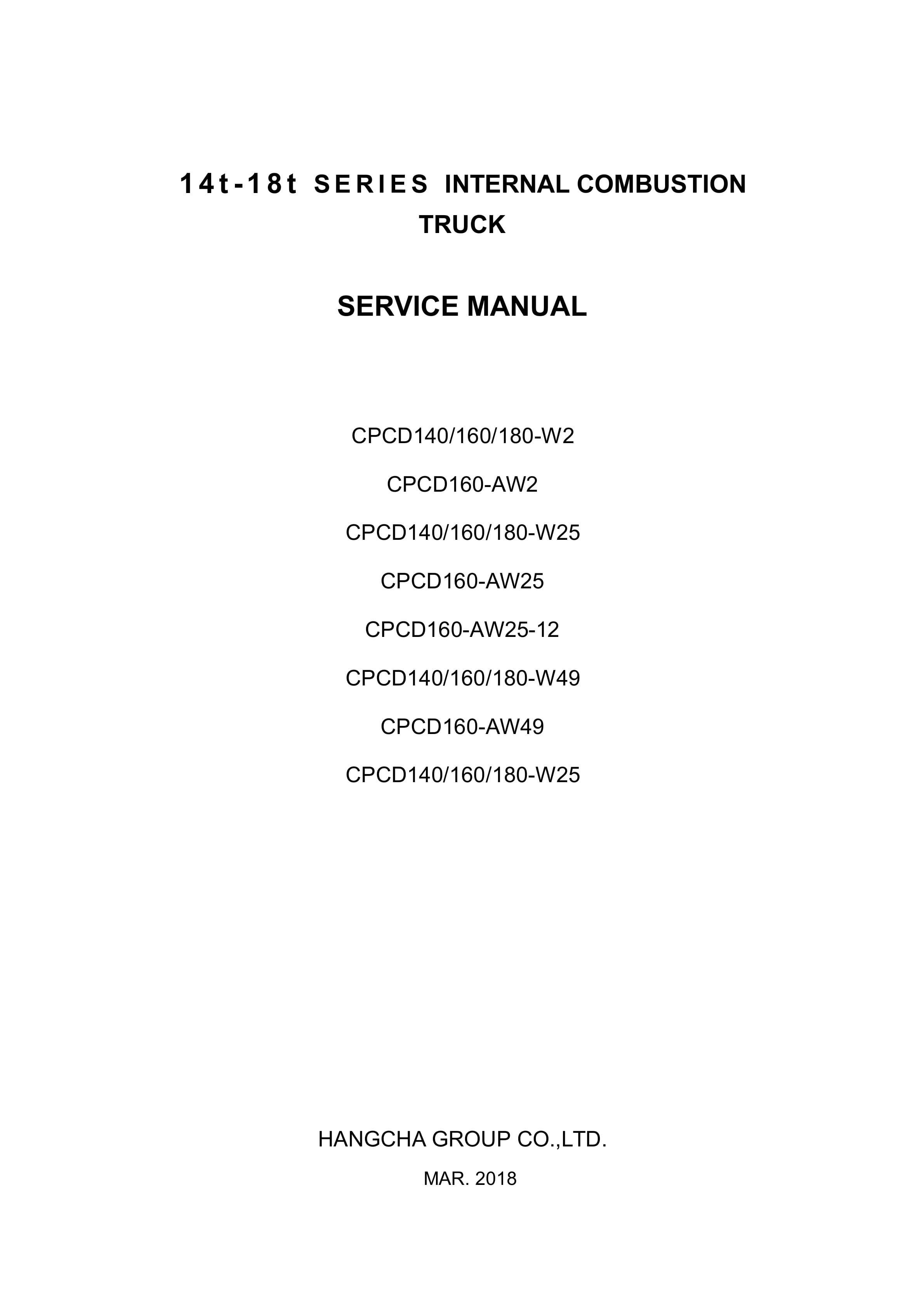 Hangcha CPCD140-W2 to CPCD180-AW49 Service Manual