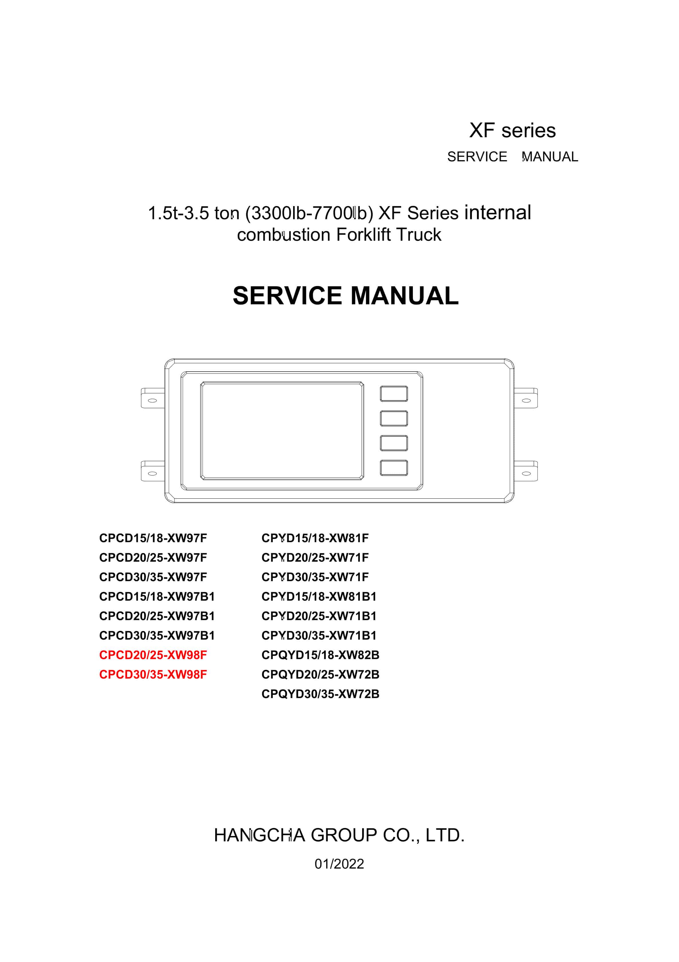 Hangcha CPCD15-XW97F to CPQYD35-XW72B Service Manual