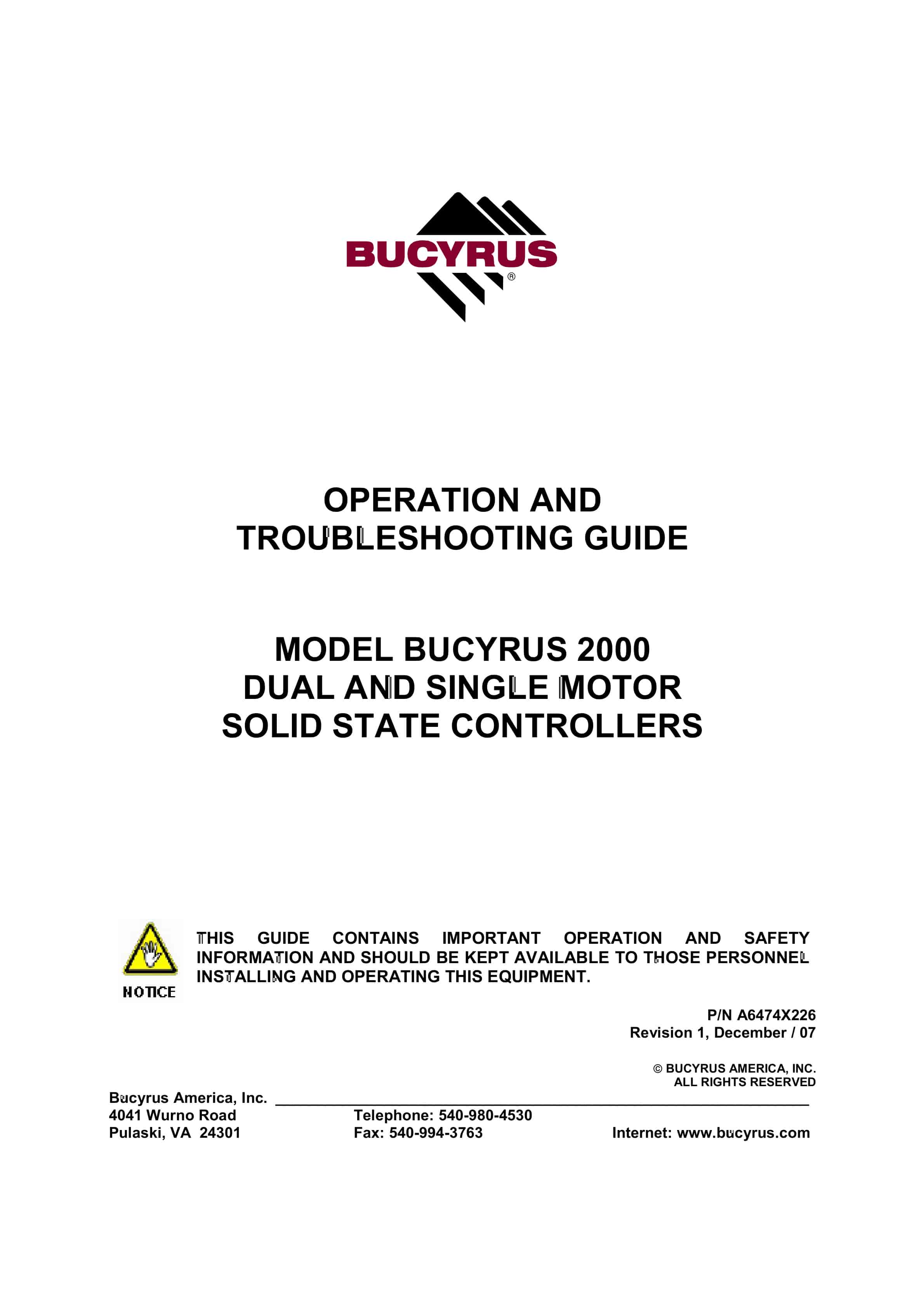 Bucyrus 2000 Dual And Single Motor Solid State Controllers Operation And Troubleshooting Guide