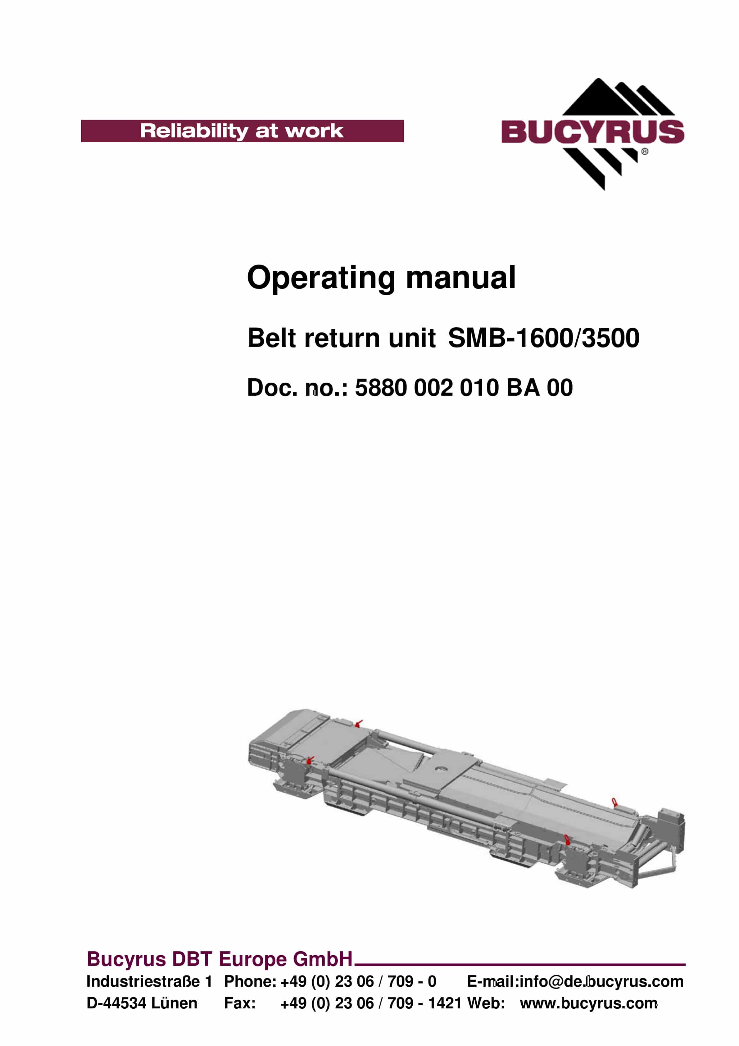 Bucyrus Belt Return Unit SMB-1600-3500 Operating Manual 5880 002 010 BA 00