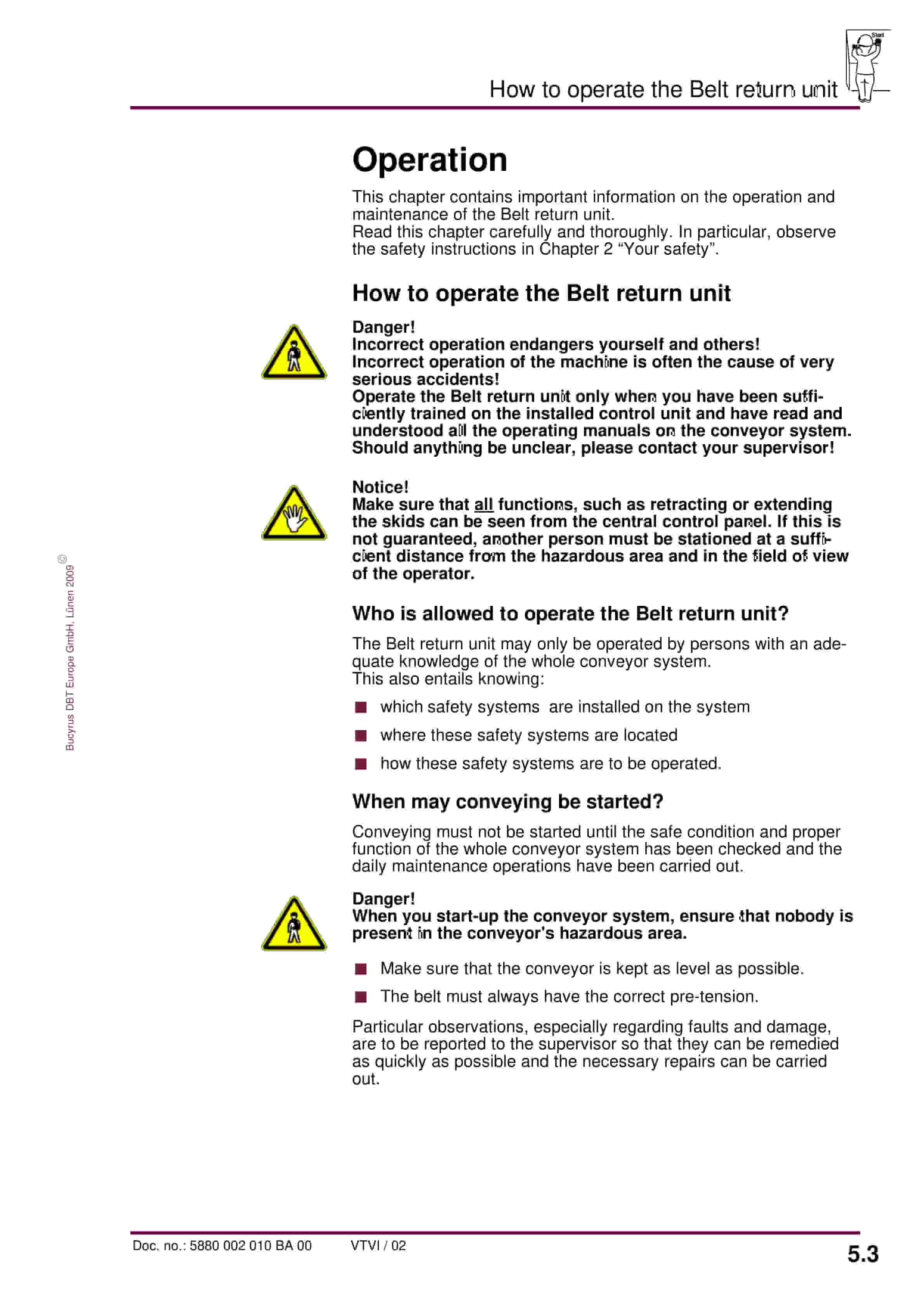 Bucyrus Belt Return Unit SMB-1600-3500 Operating Manual 5880 002 010 BA 00-2