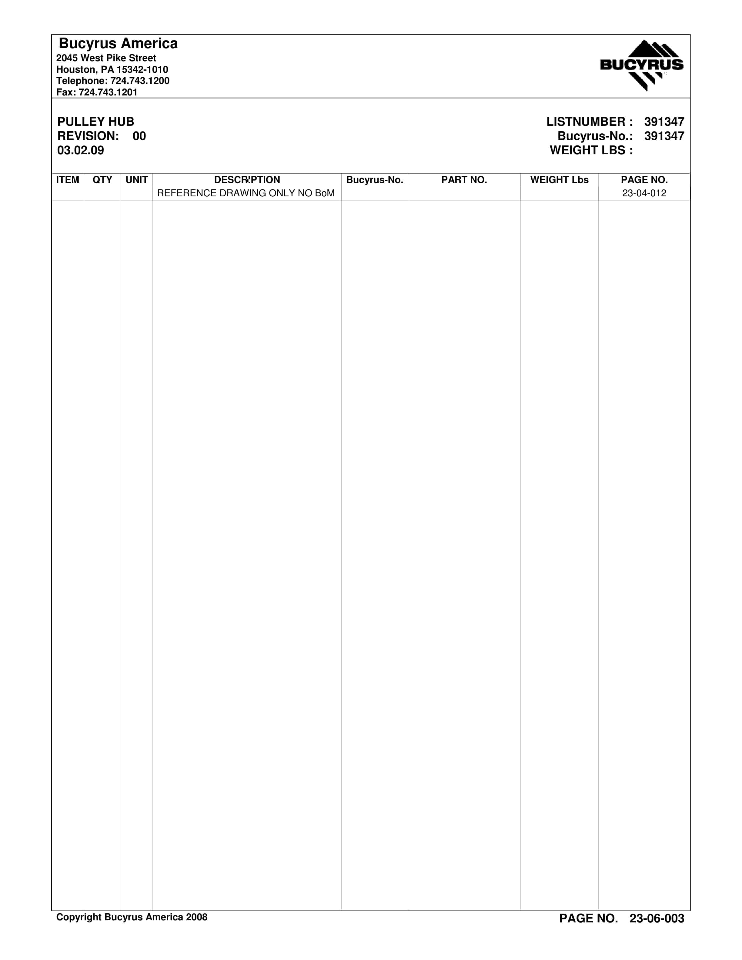 Bucyrus Belt System Spare Parts List 203106-3