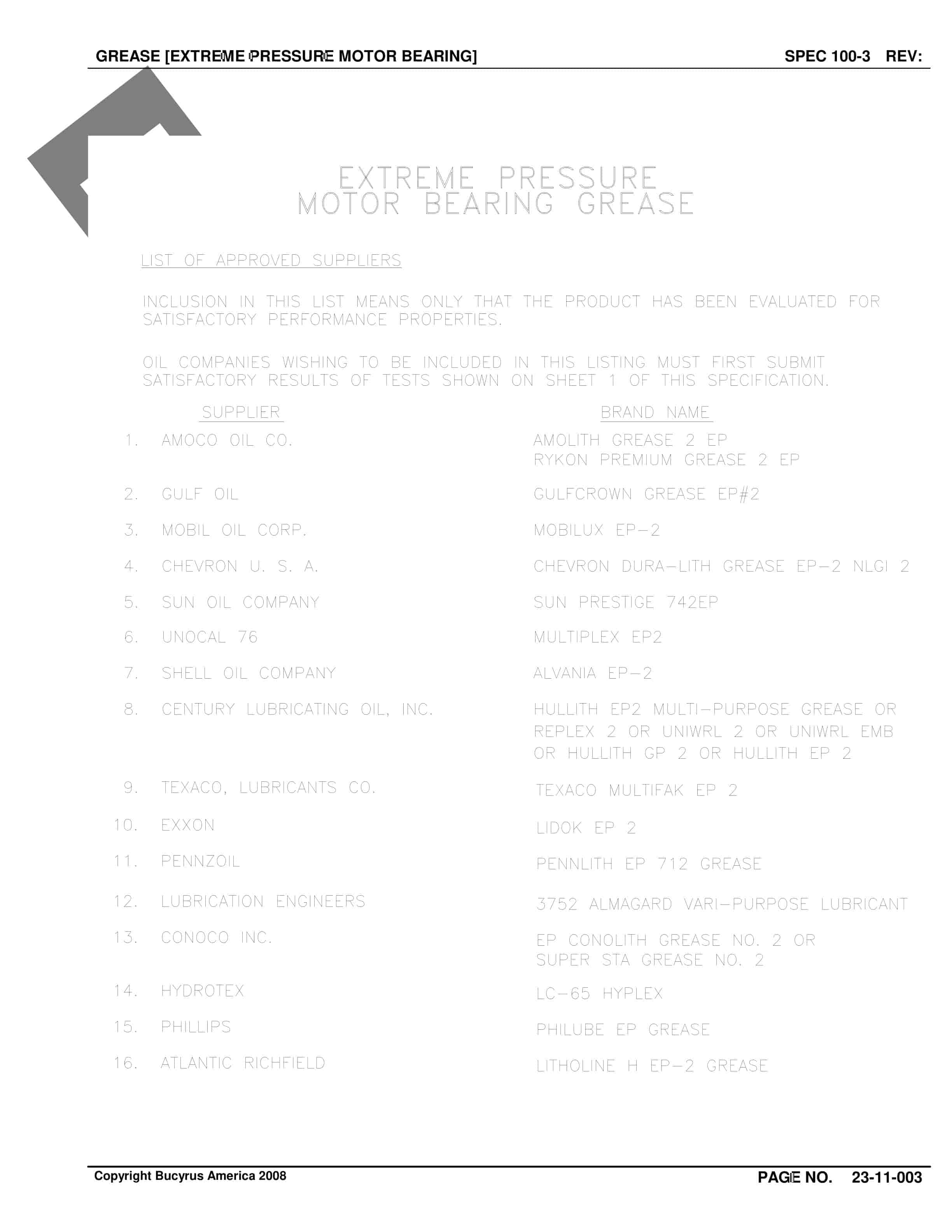 Bucyrus Belt System Spare Parts List 308651-2