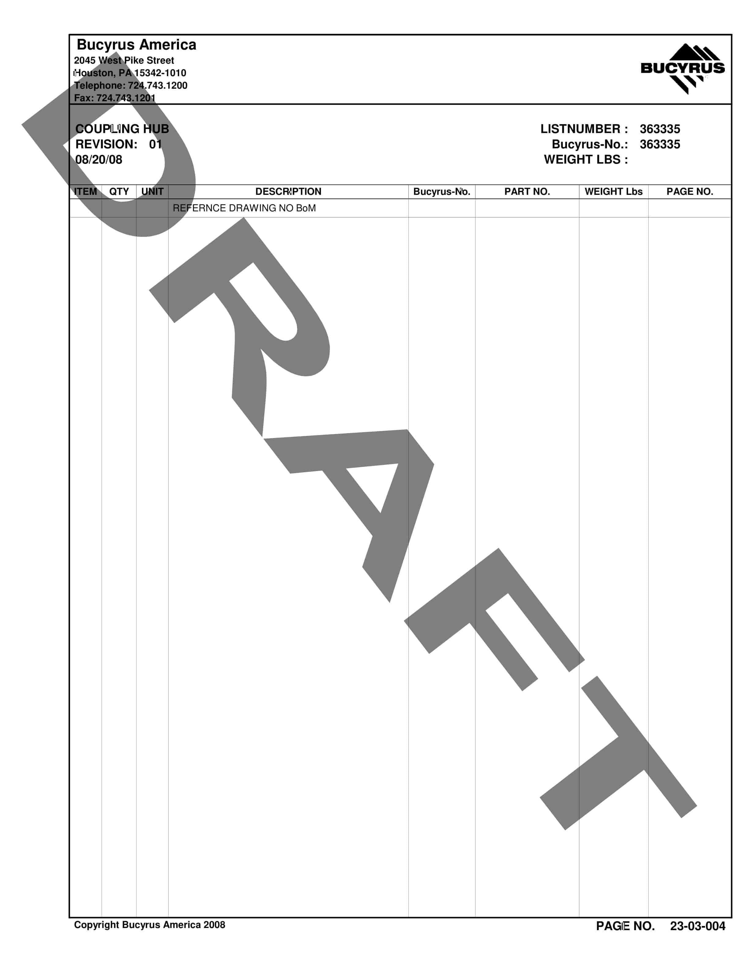 Bucyrus Belt System Spare Parts List 316102 - 318743-4