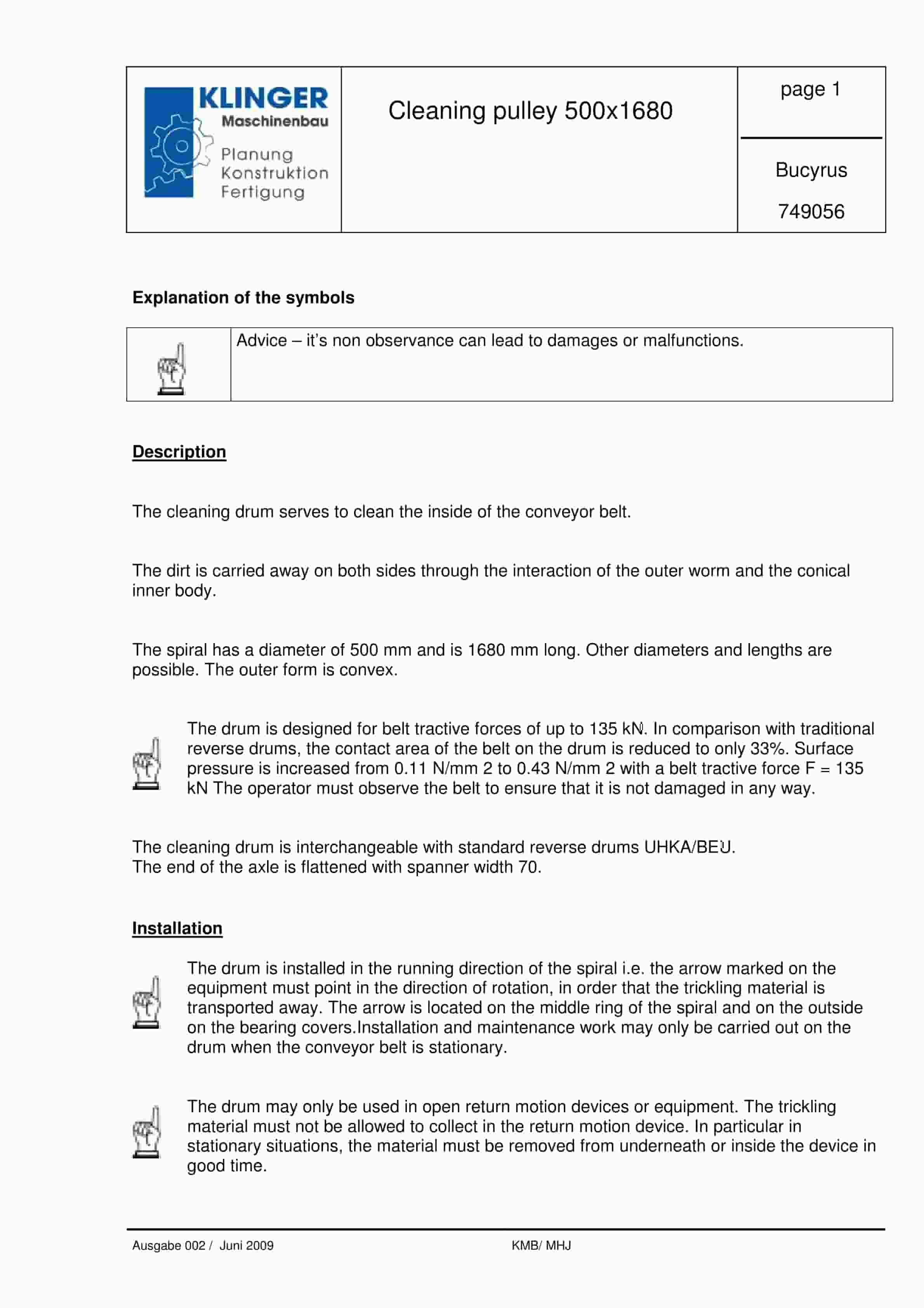 Bucyrus Cleaning Pulley 500 x 1680 Service Parts List 749056
