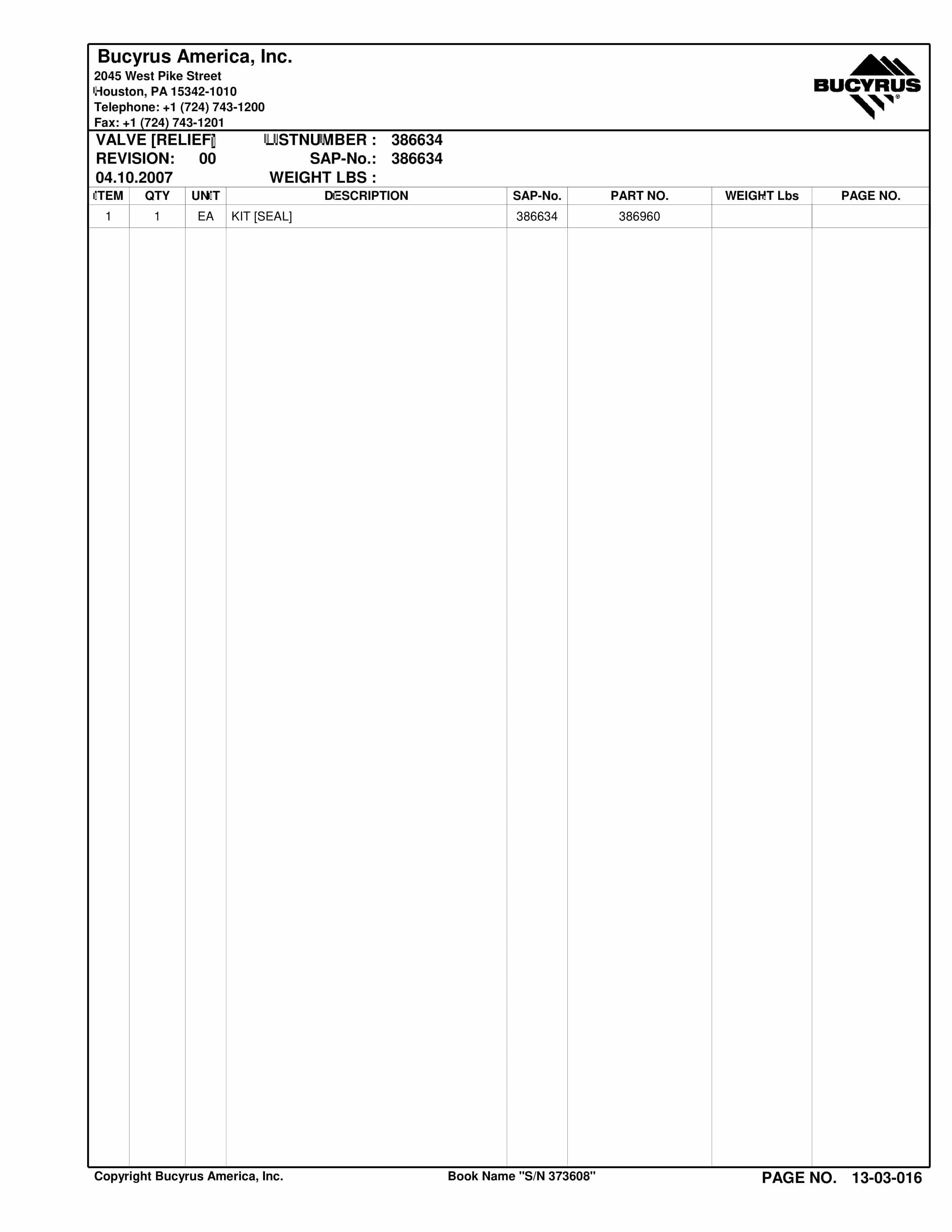 Bucyrus Continuous Miner Spare Parts List 373608-2