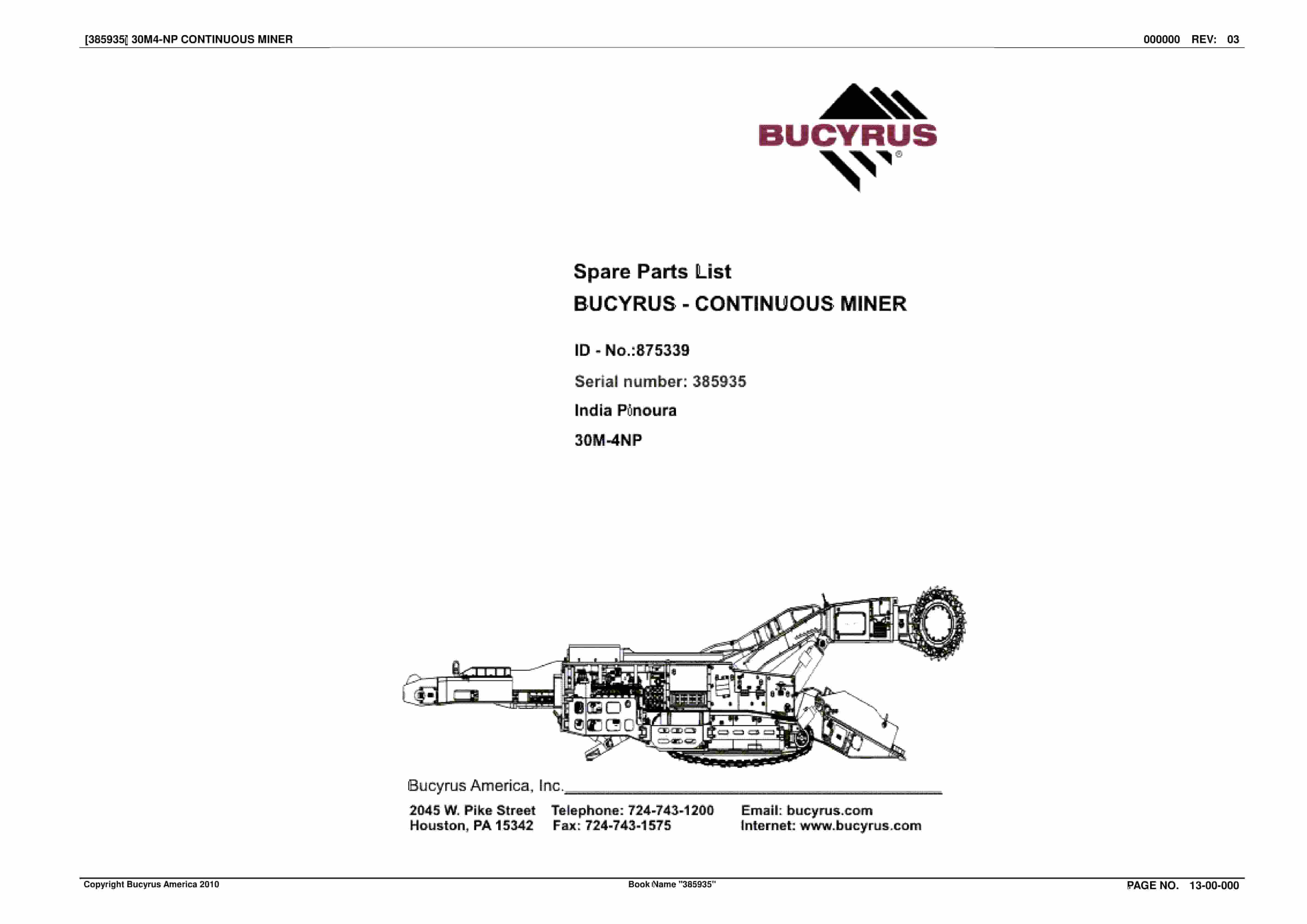Bucyrus Continuous Miner Spare Parts List 875339