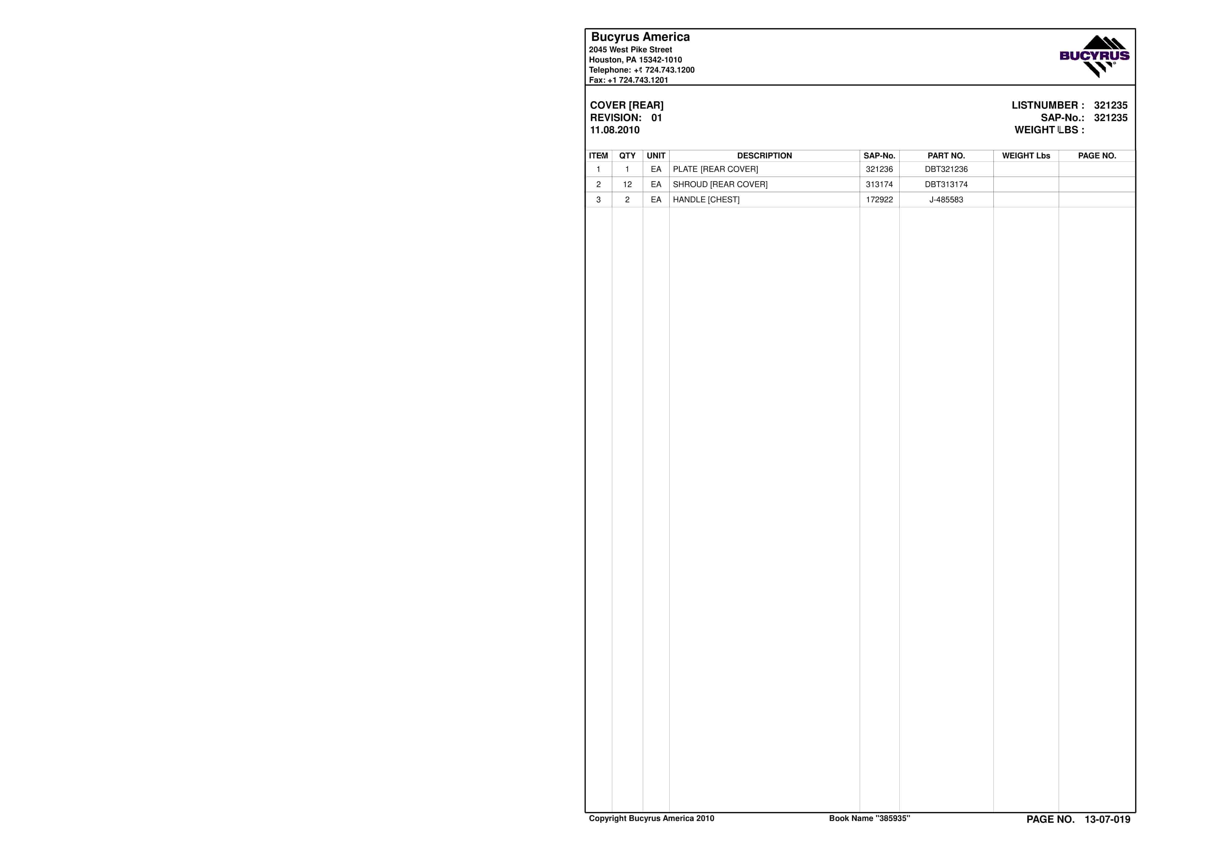 Bucyrus Continuous Miner Spare Parts List 875339-5