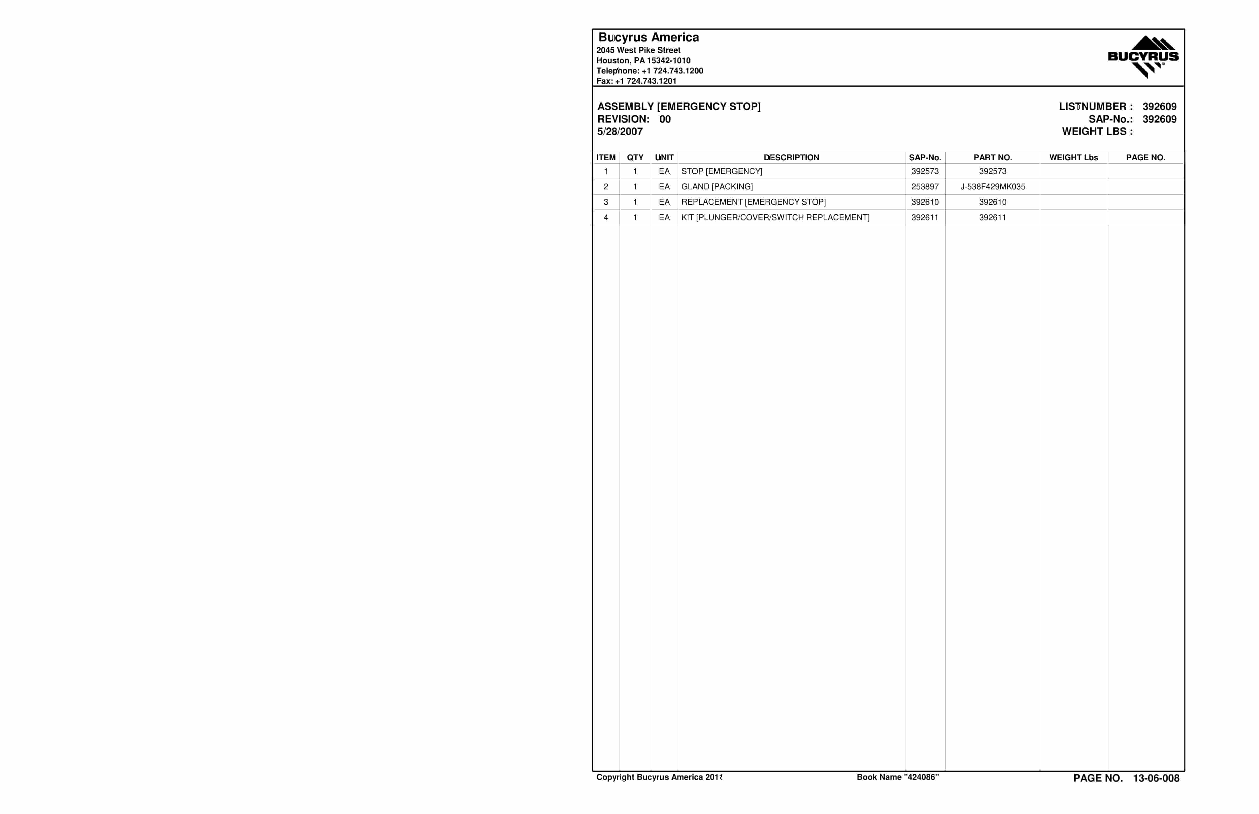 Bucyrus Continuous Miner Spare Parts List 907781-4