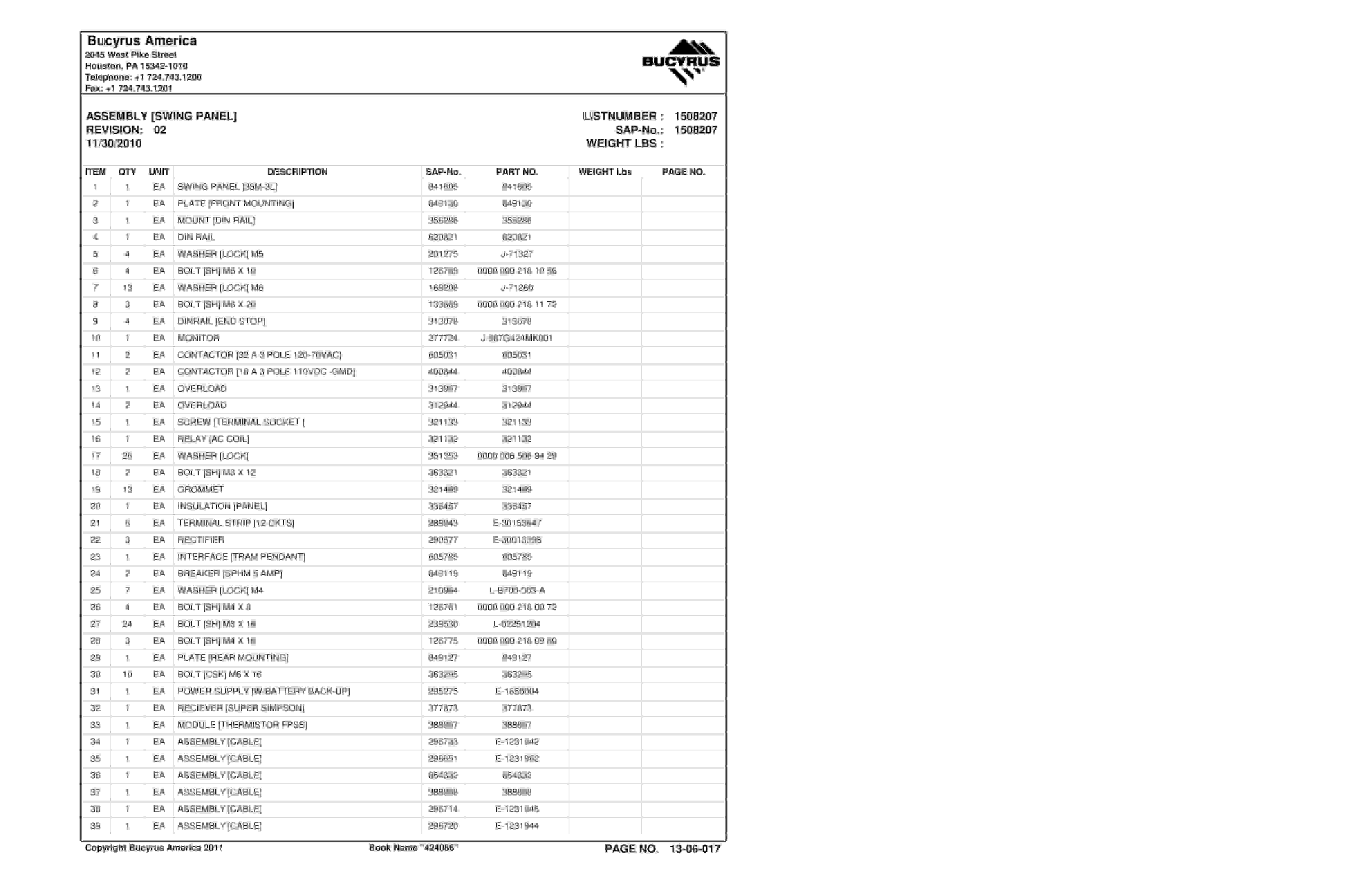 Bucyrus Continuous Miner Spare Parts List 907781-5