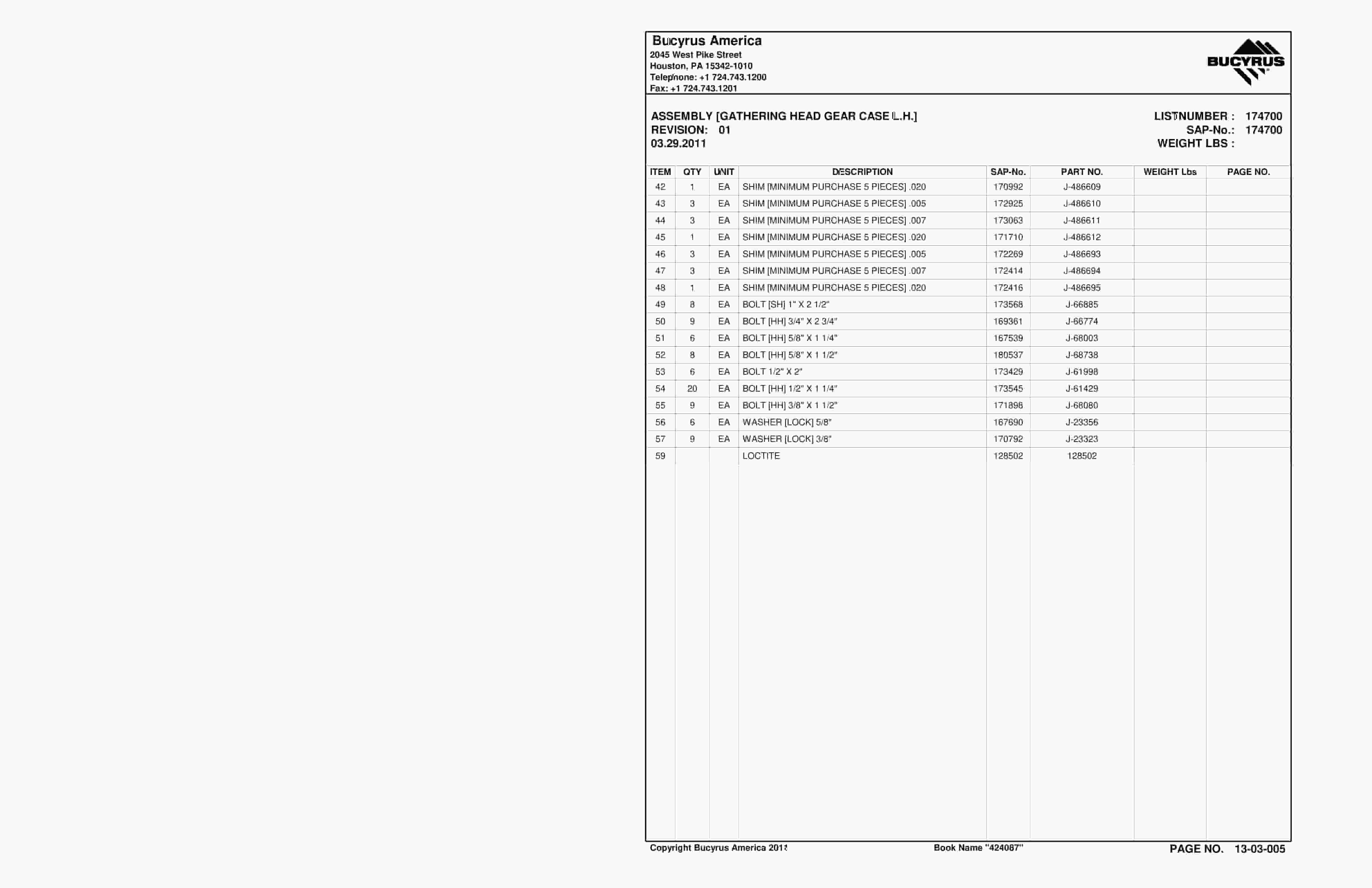 Bucyrus Continuous Miner Spare Parts List 907782-2