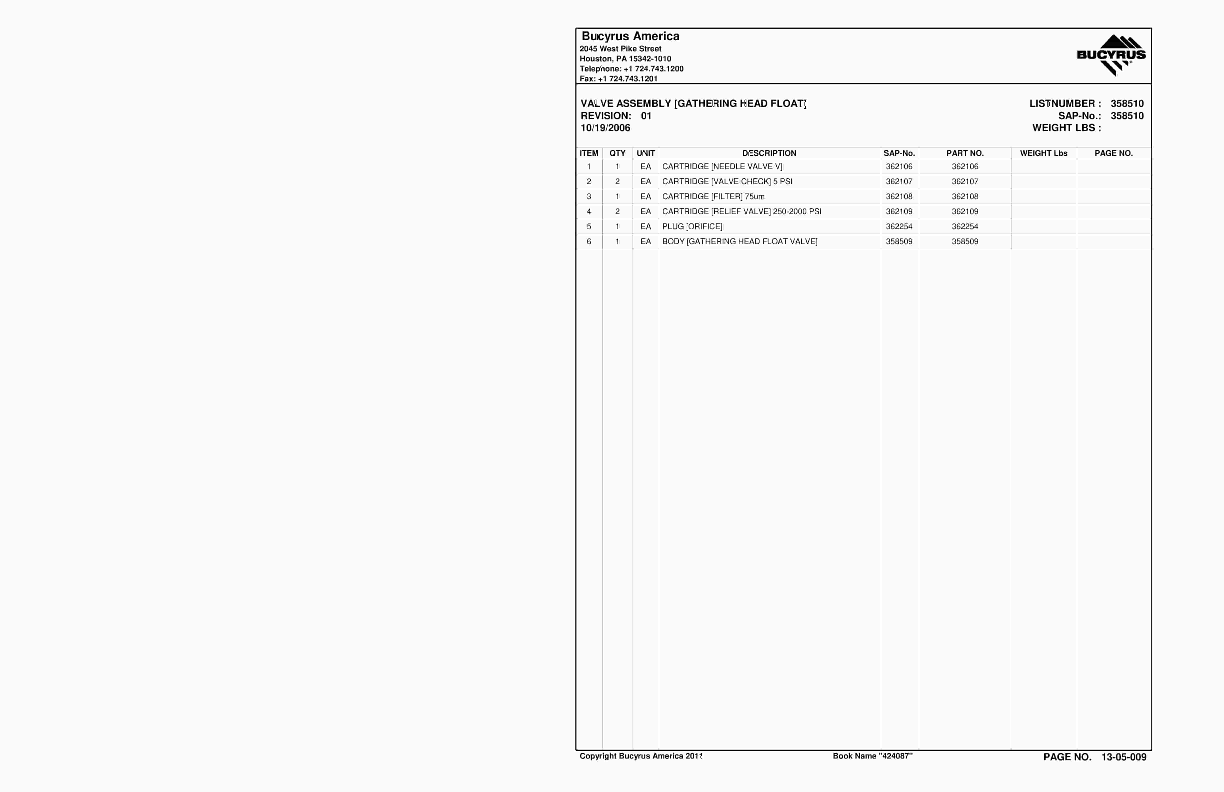 Bucyrus Continuous Miner Spare Parts List 907782-3