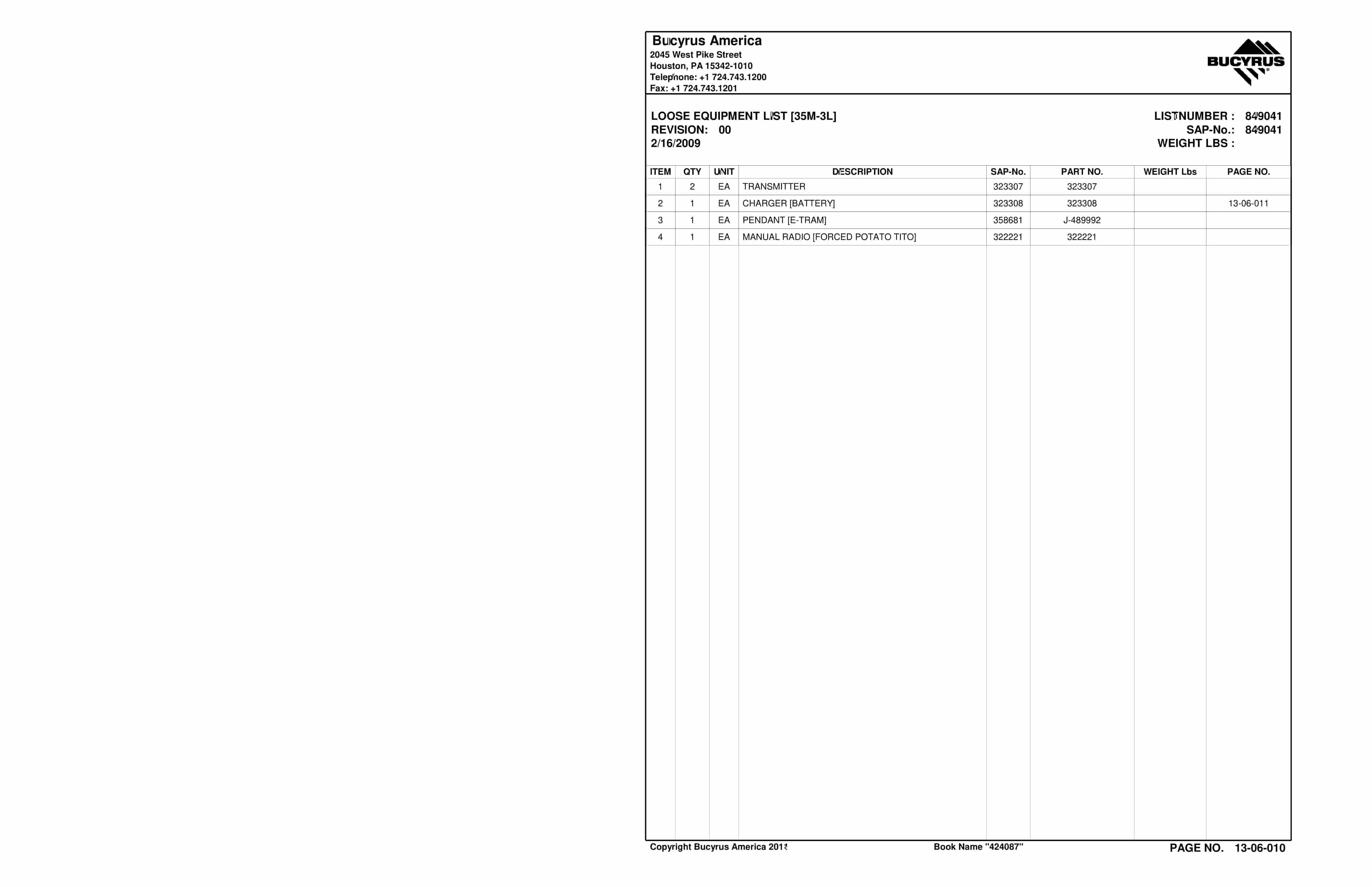 Bucyrus Continuous Miner Spare Parts List 907782-4