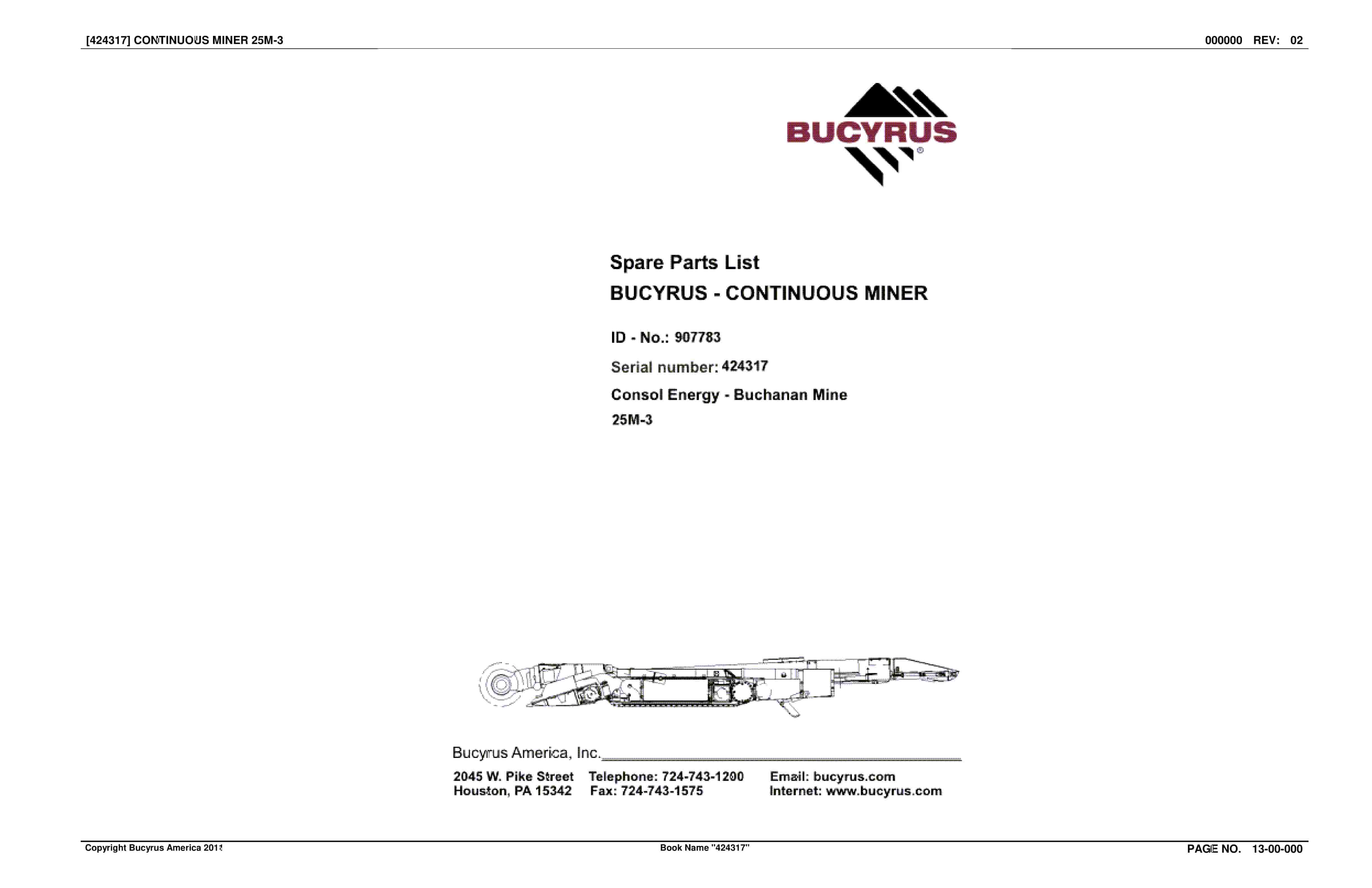 Bucyrus Continuous Miner Spare Parts List 907783