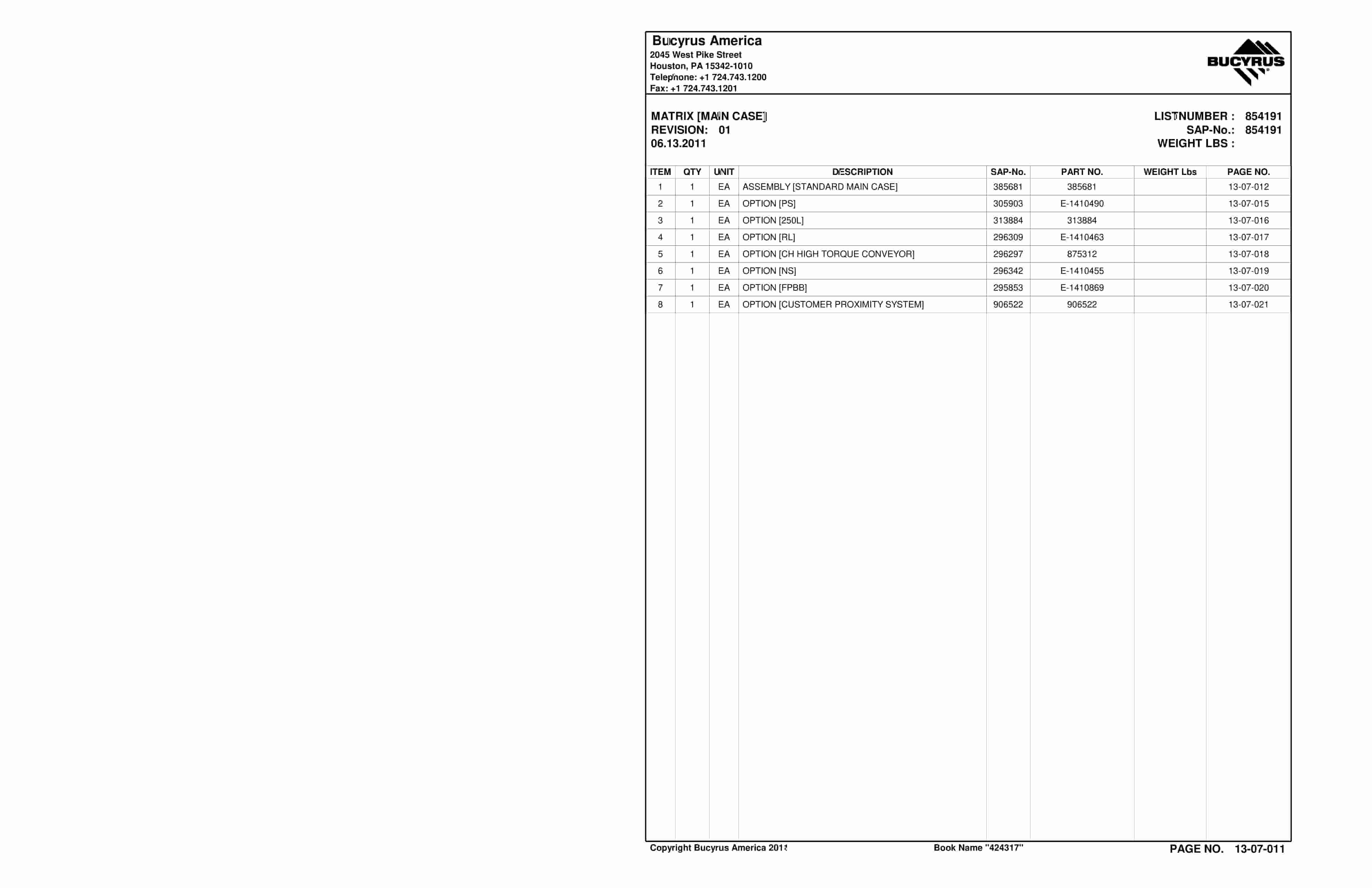 Bucyrus Continuous Miner Spare Parts List 907783-3