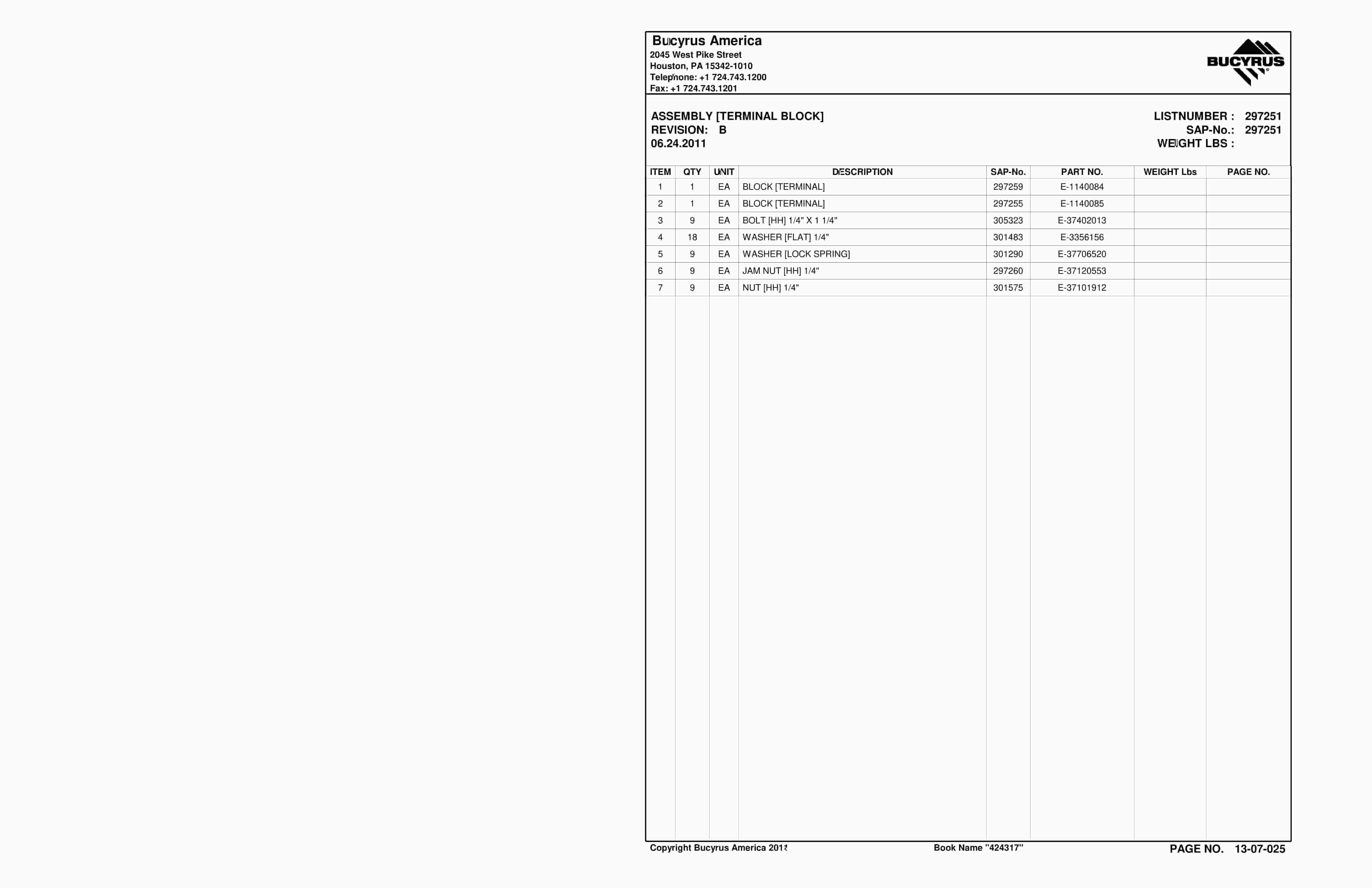 Bucyrus Continuous Miner Spare Parts List 907783-4