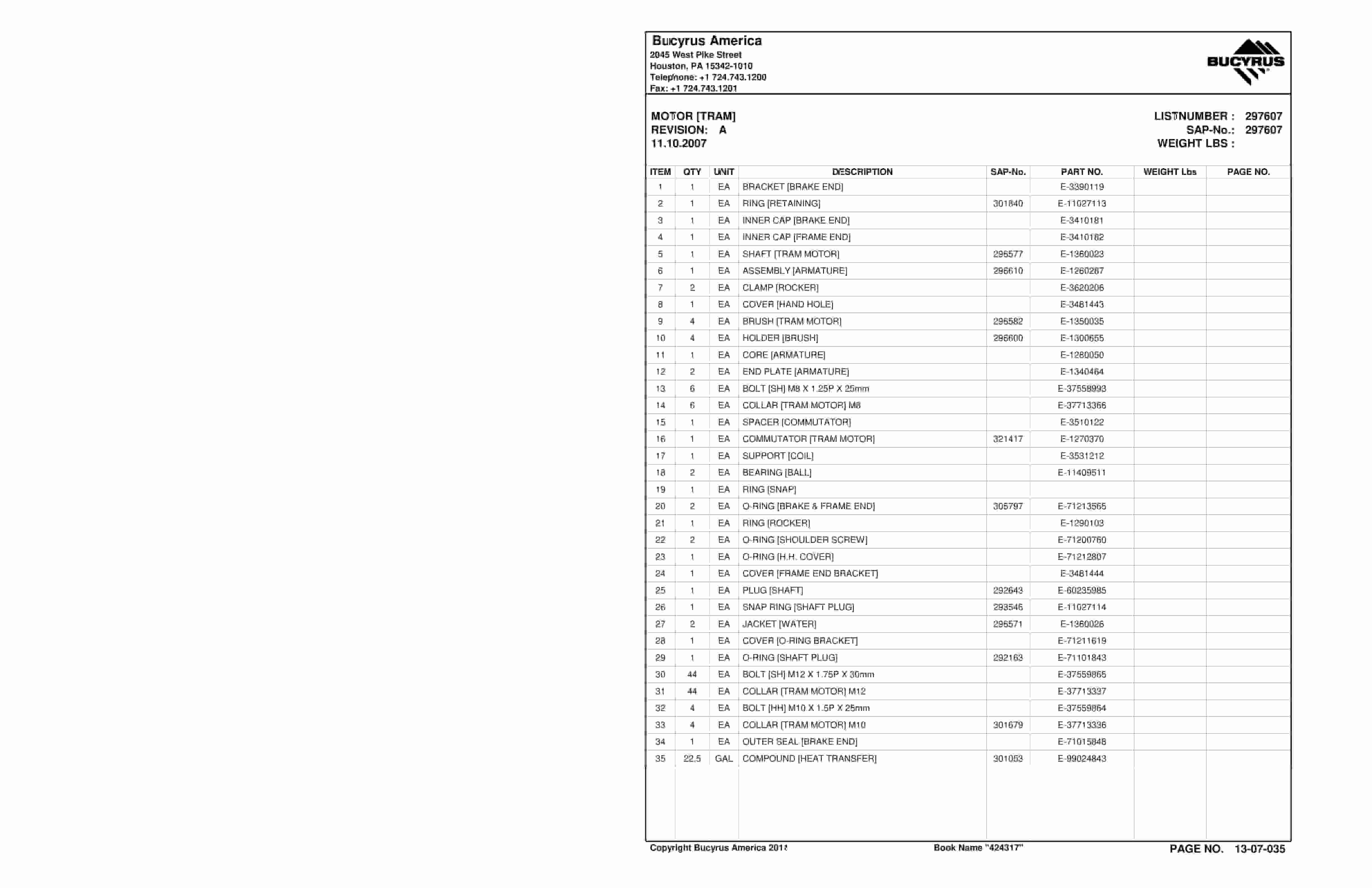 Bucyrus Continuous Miner Spare Parts List 907783-5