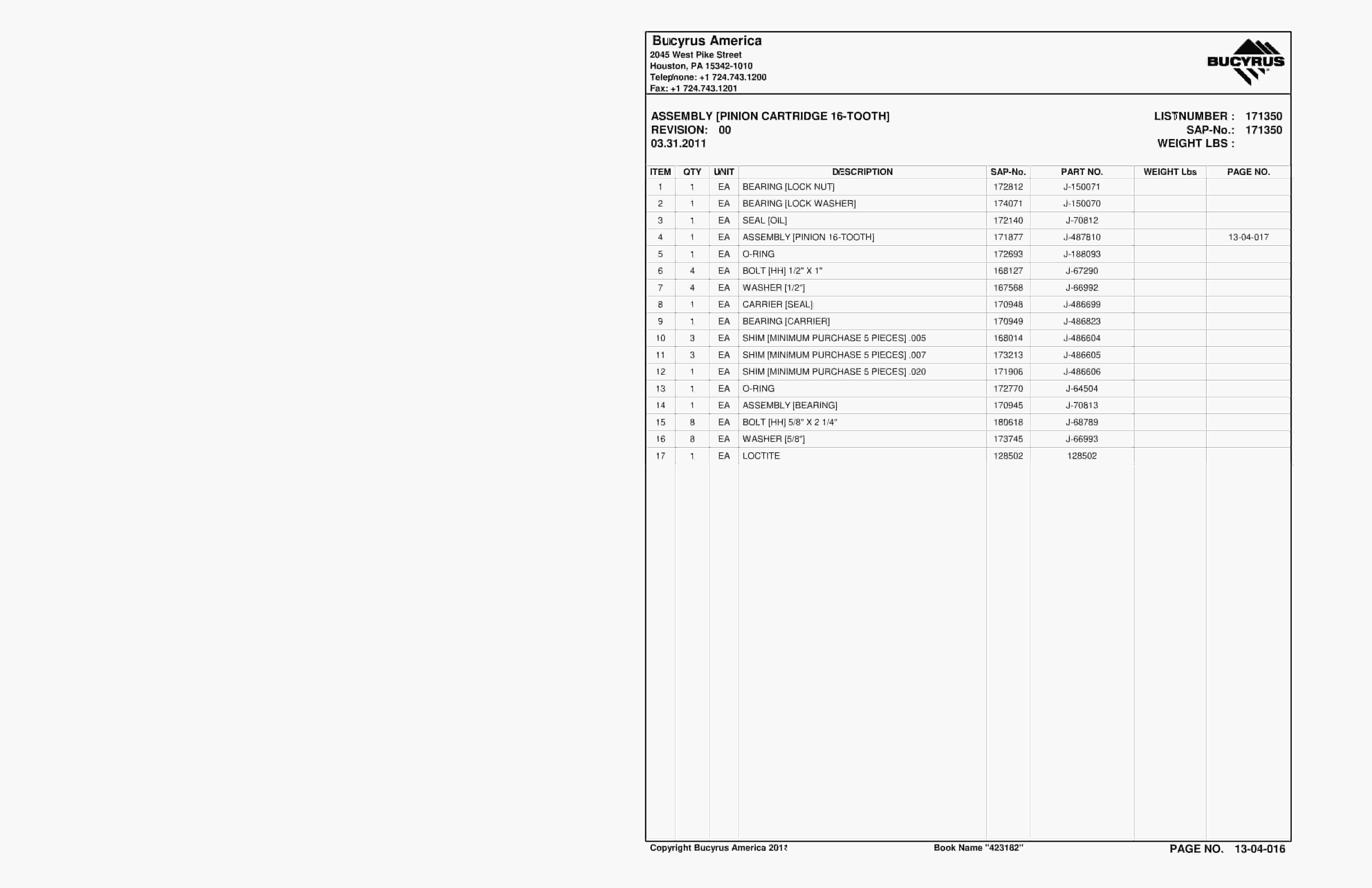 Bucyrus Continuous Miner Spare Parts List 907793-2