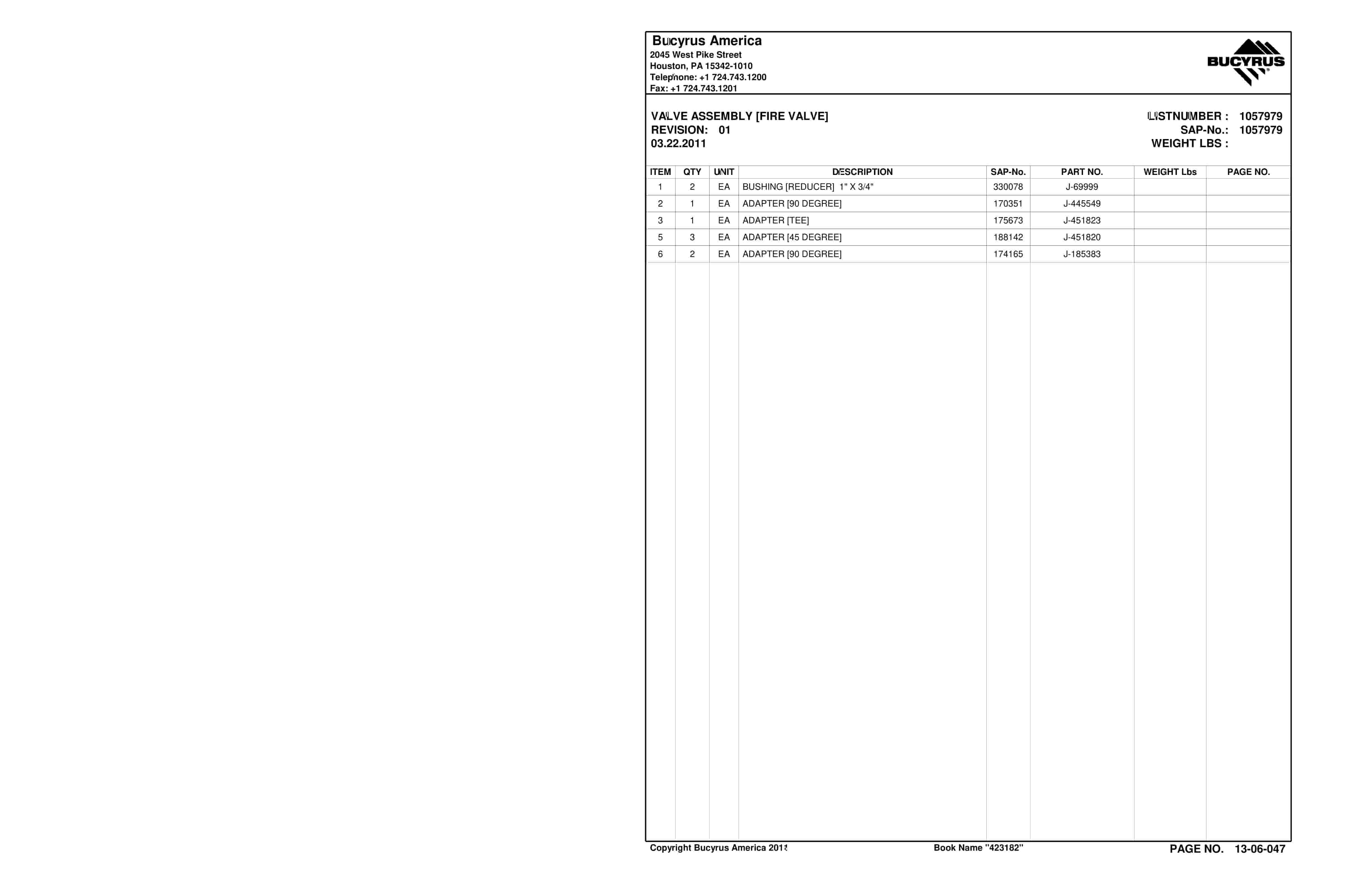 Bucyrus Continuous Miner Spare Parts List 907793-4