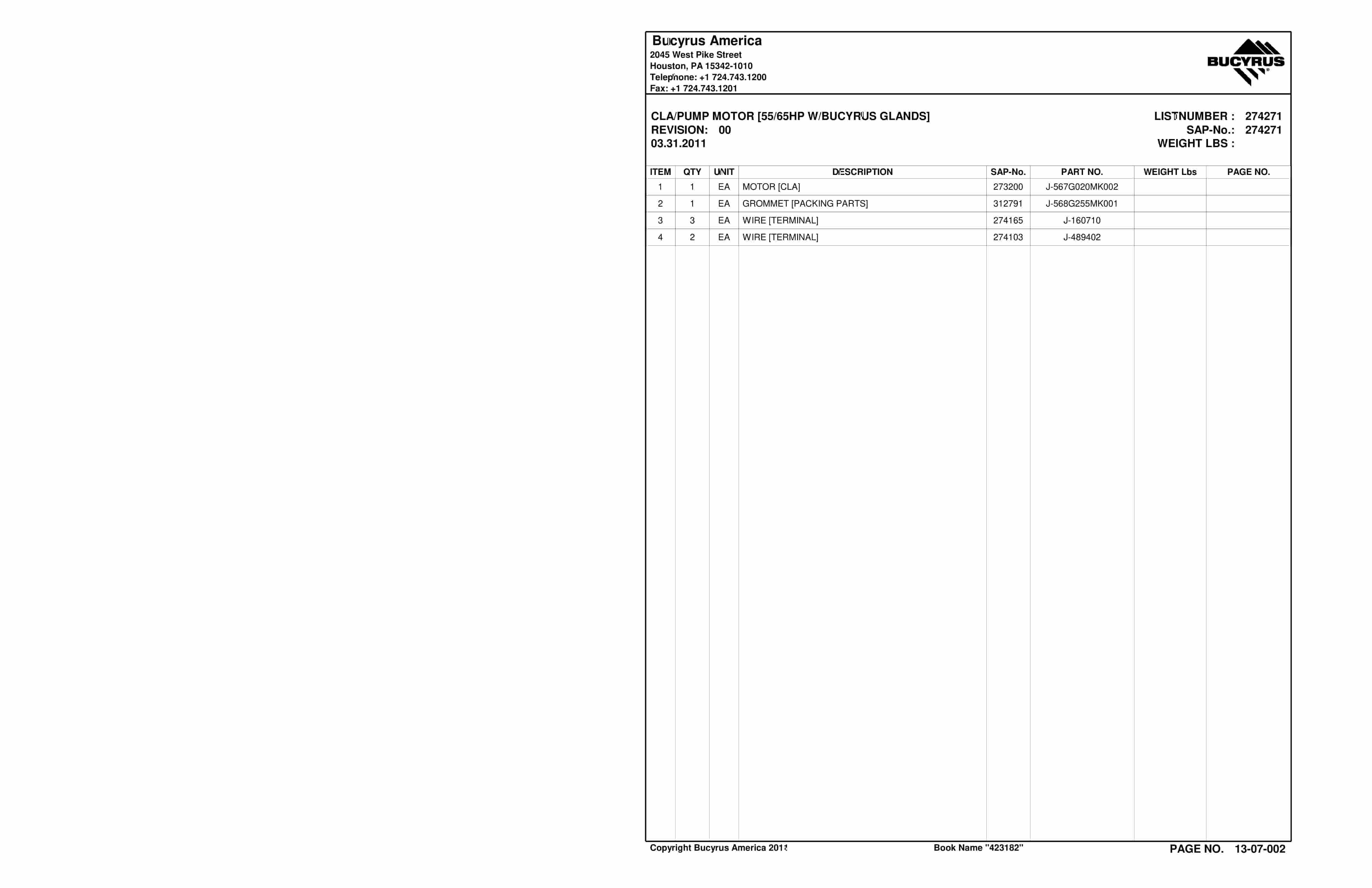 Bucyrus Continuous Miner Spare Parts List 907793-5