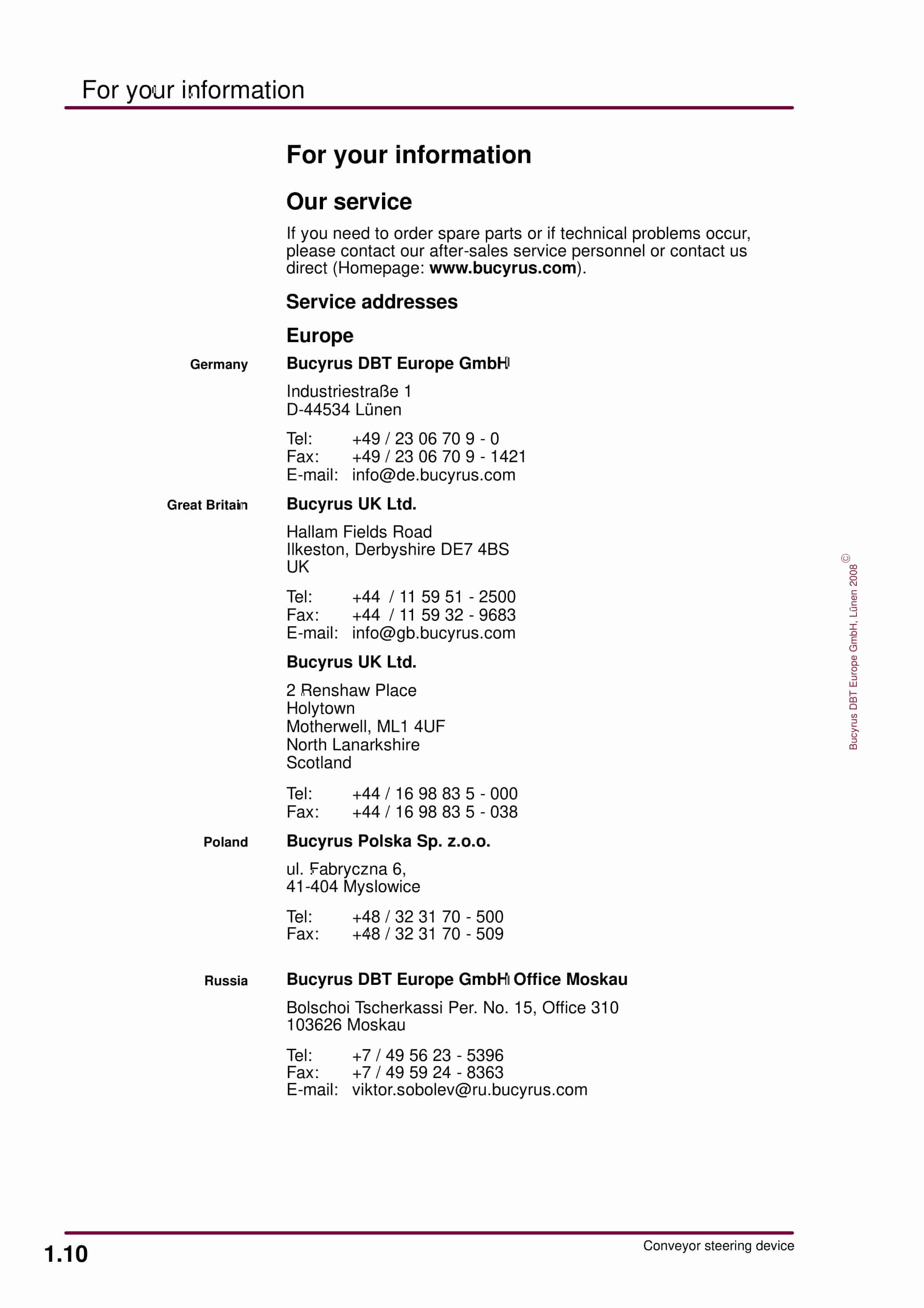 Bucyrus Conveyor Steering Device Technical Description 7427 084 000 BA 00-5